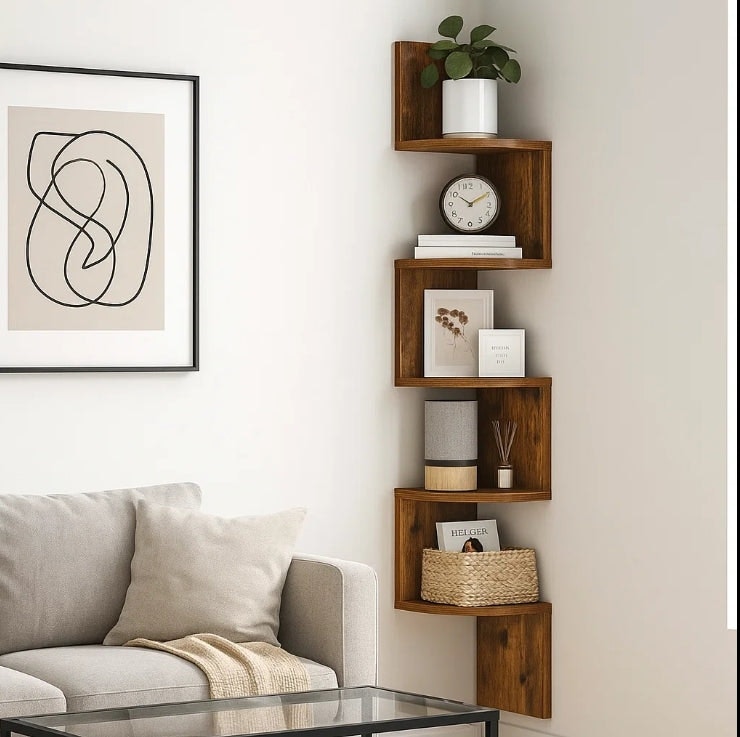 Modcraft Brown Rustic 5-Tier Corner Wall Shelf – Floating Display Bookcase