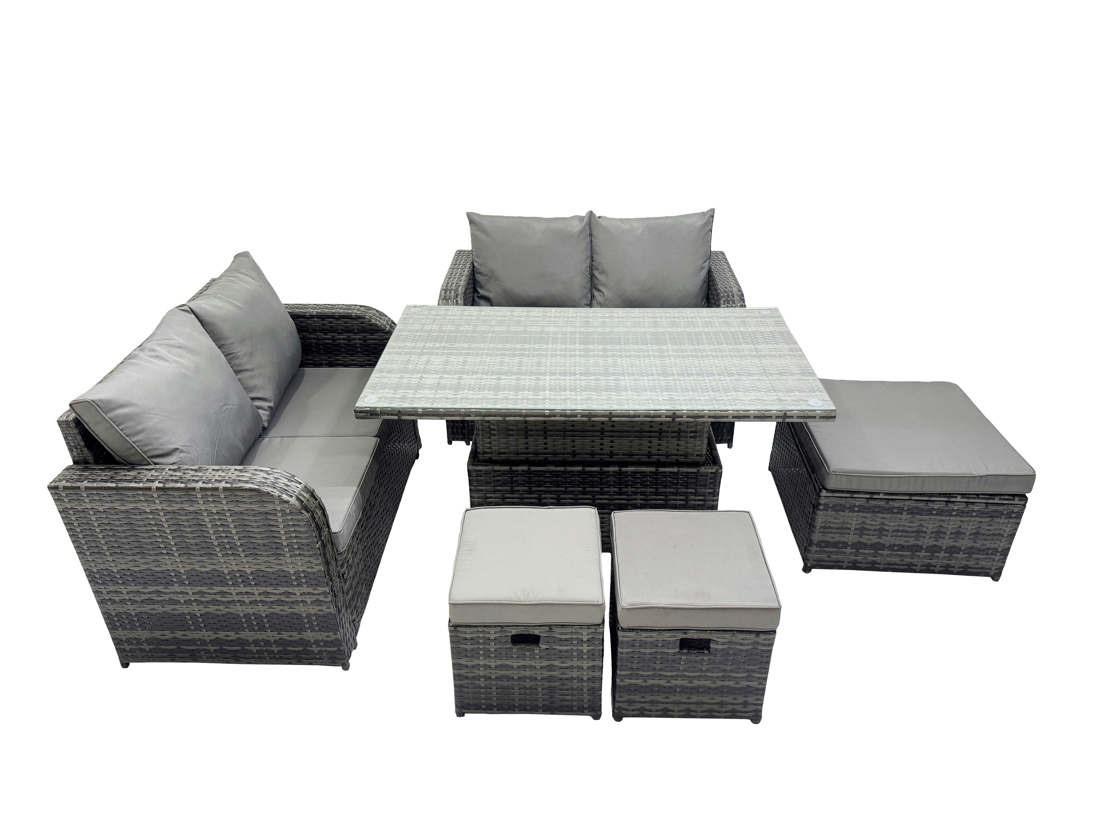 Rackhams Dark/Grey 7 Seater Patio Height Adjustable Rising Lifting Table Sofa Sets Rattan Garden Furniture Dining Set With 3 Stools Mixed