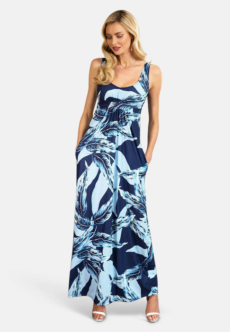 Hotsquash Black/White Empire Waist Maxi Dress - Feather Print Navy - 8