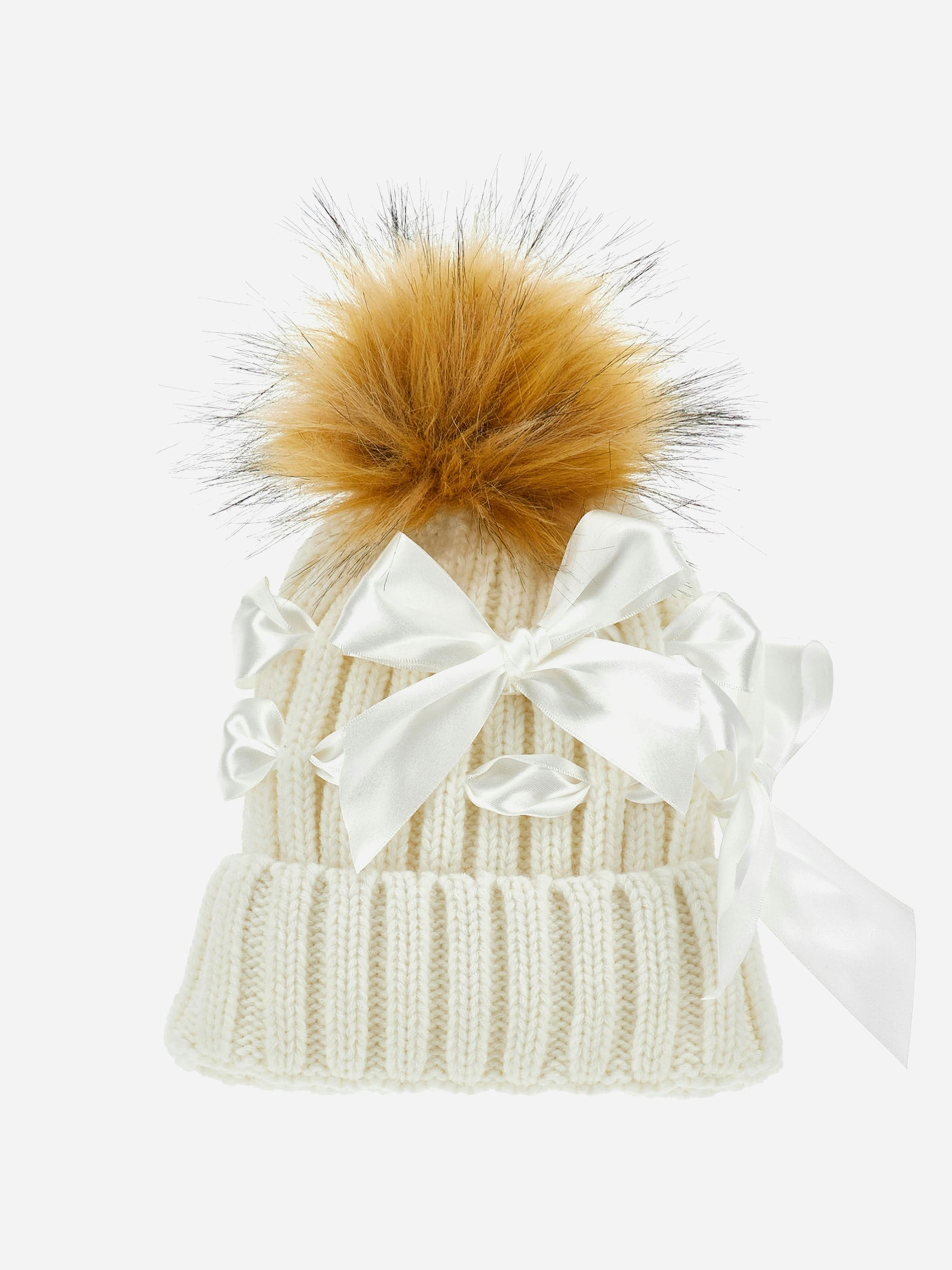 Monnalisa Girls Ivory Bow Knitted Pom Pom Hat In - L (13-16 Yrs)