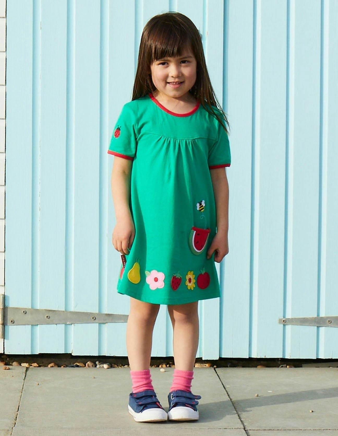Toby Tiger Green/Red Organic Fruit Flower Applique T-Shirt Dress - 3-4Y / 104Cm