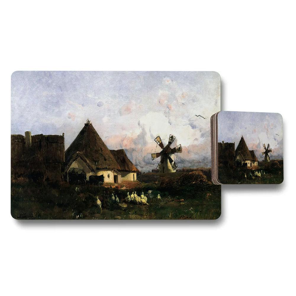 Benjamin Tate Design Impressionist Village Windmill Placemat Coaster Set
