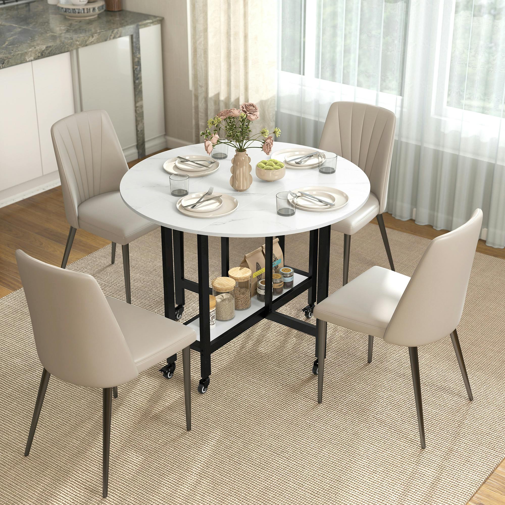 Homcom White Folding Dining Table, Drop Leaf Table With Open Shelf, Marble - 100 X 100 X 75 Cm