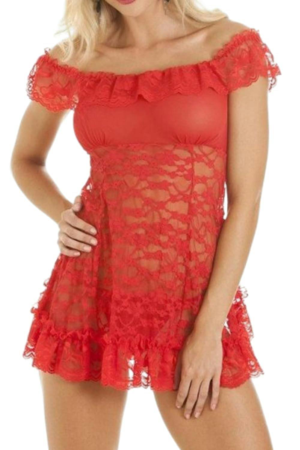 Camille Women's Red Sheer Lace Mesh Babydoll And G-String Knickers - S-M