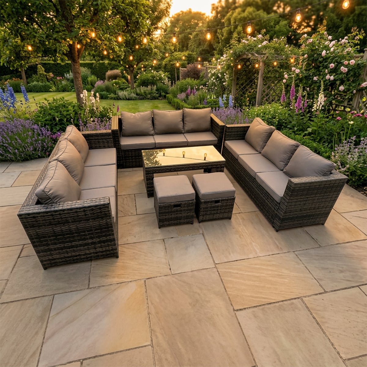 Fimous Dark/Grey 11 Seater Rattan Garden Furniture Set With Rectangular Coffee Table, 3 Sofas & 2 Stools