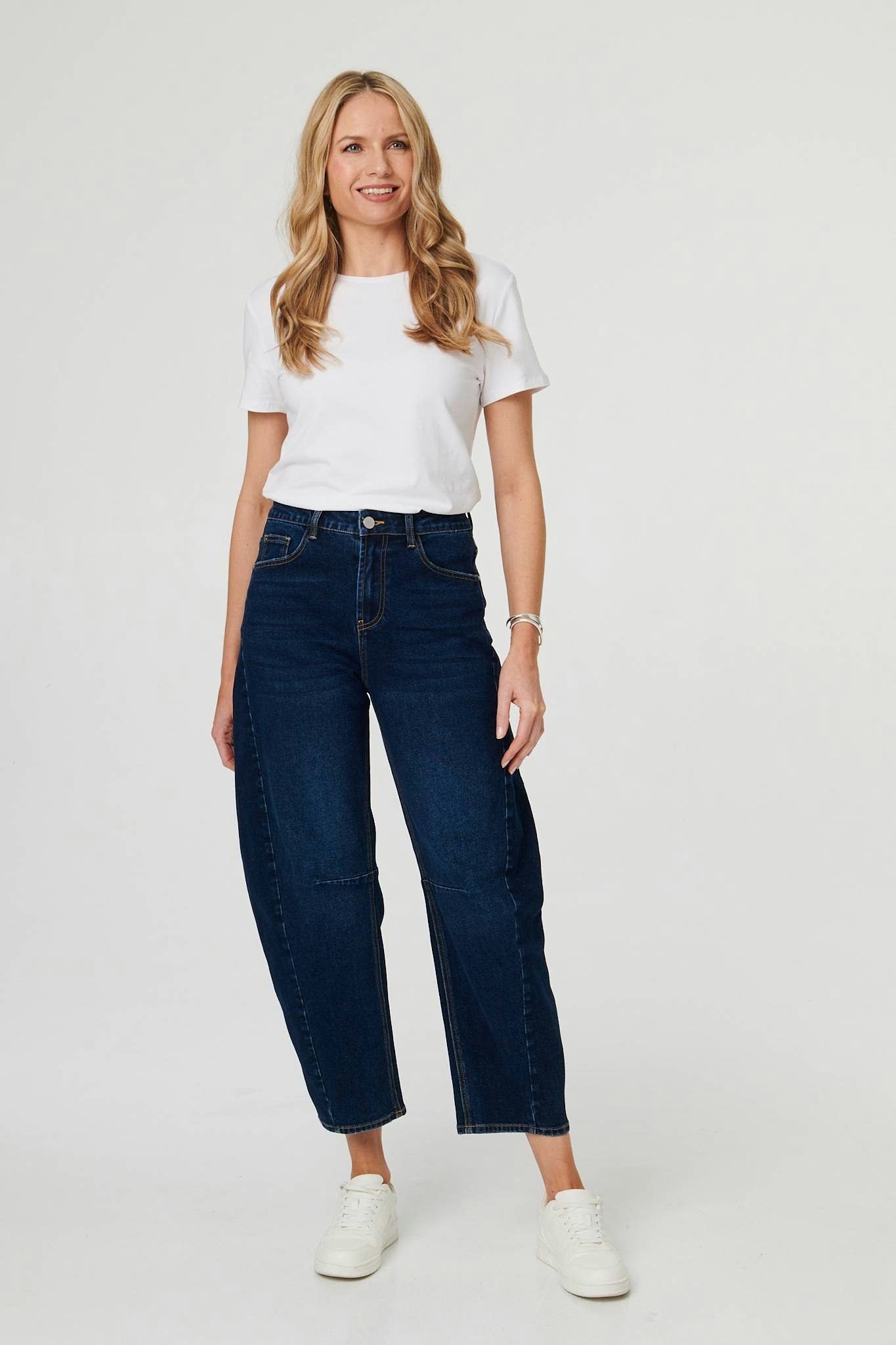 Izabel London Blue High Waist Cropped Barrel Leg Jeans - 8