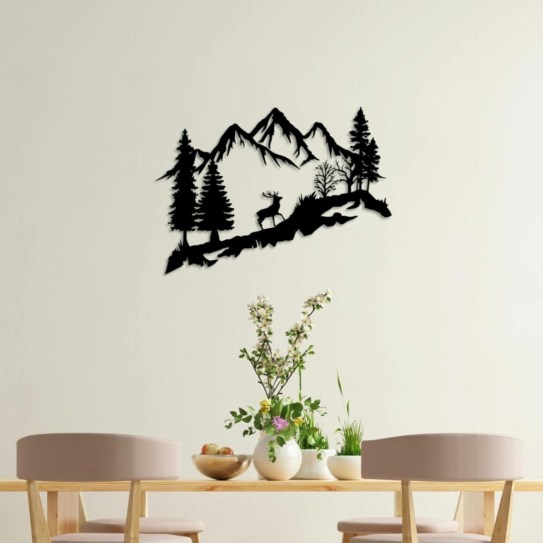 Decortie Black Mountain Peak And Forest Silhouette Metal Wall Decor 60 Cm - Metal