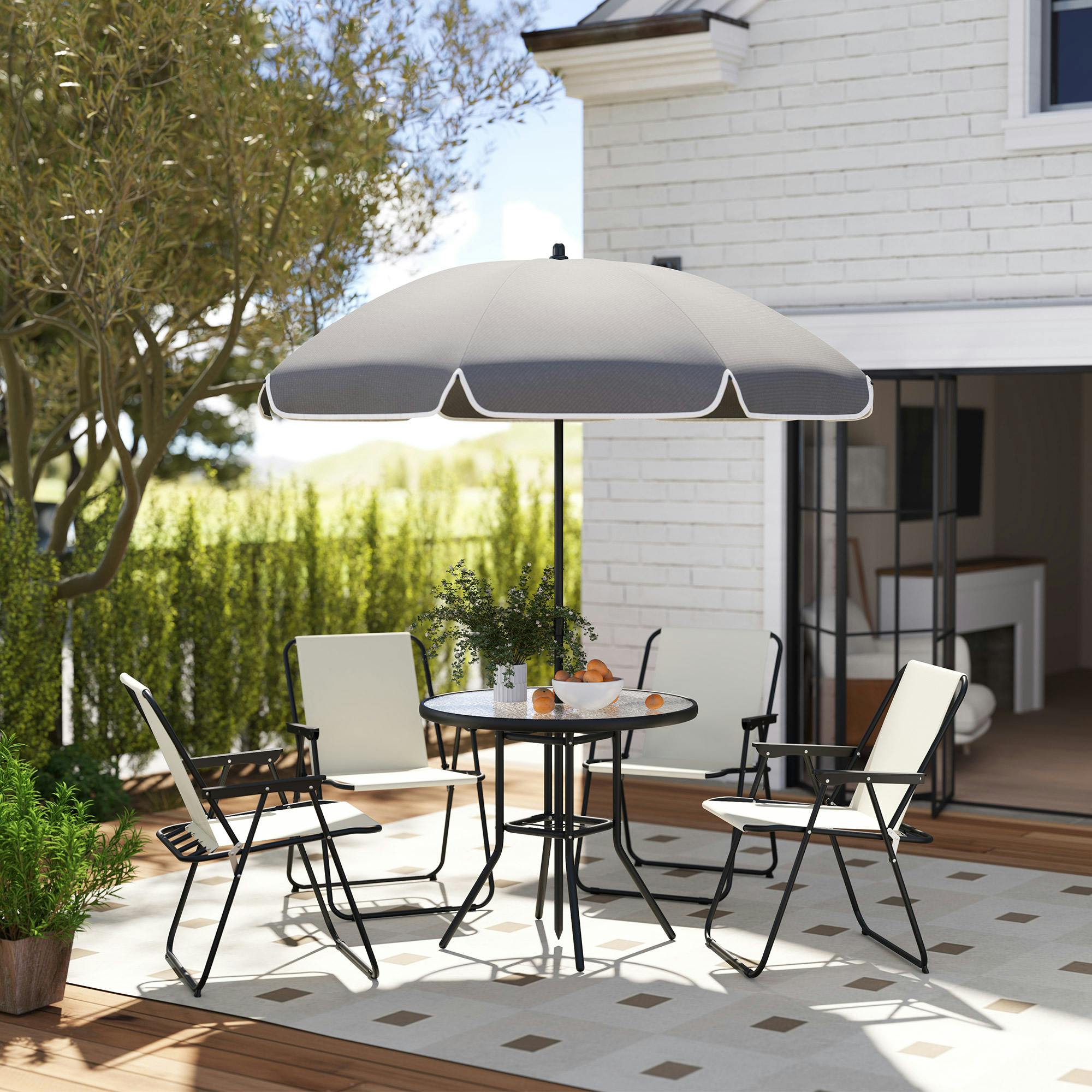 Rackhams Cream/White 6 Pieces Garden Furniture Set With Parasol, Folding Chairs,