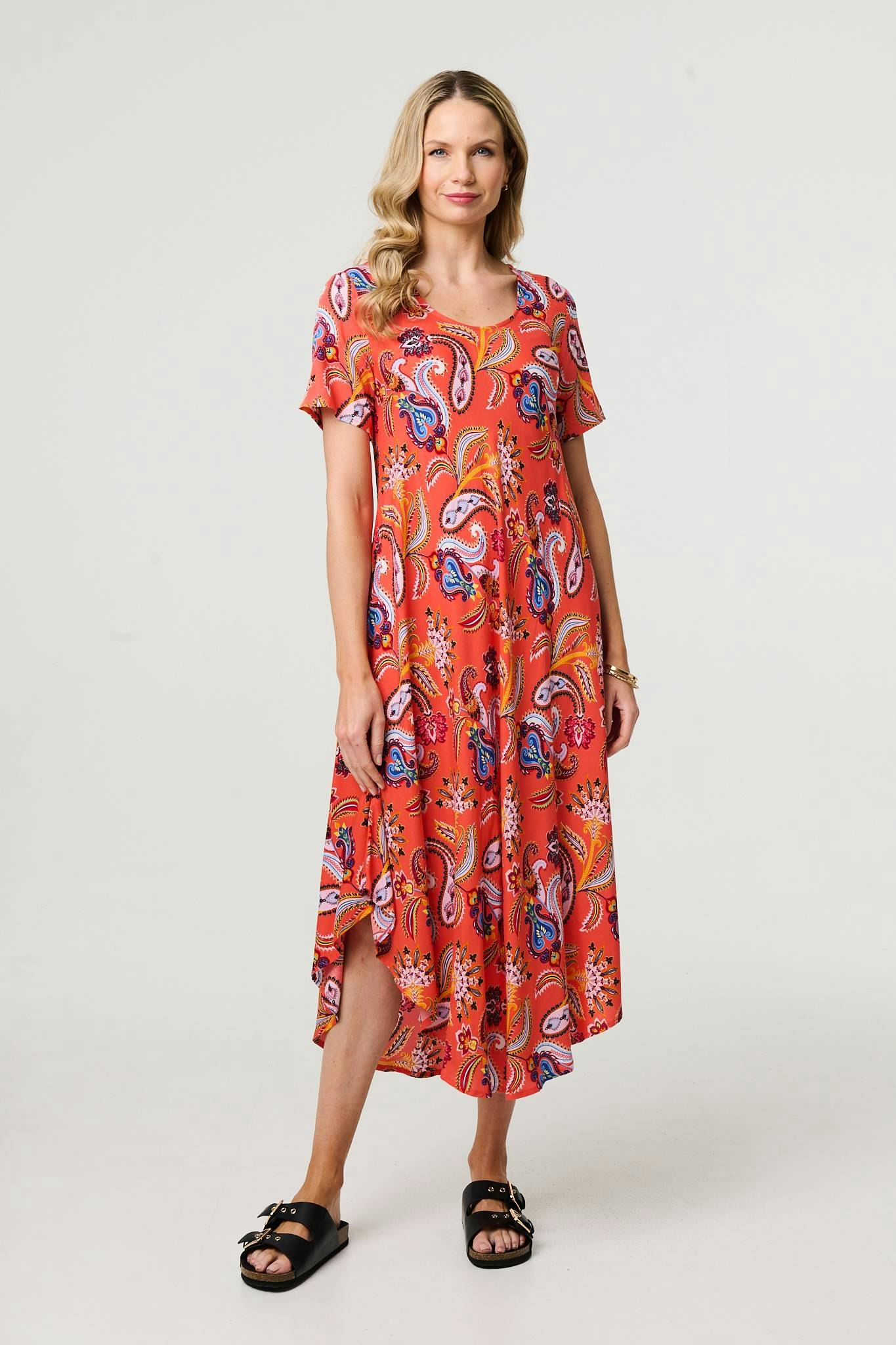 Izabel London Orange Paisley Relaxed Short Sleeve Midi Dress - 12