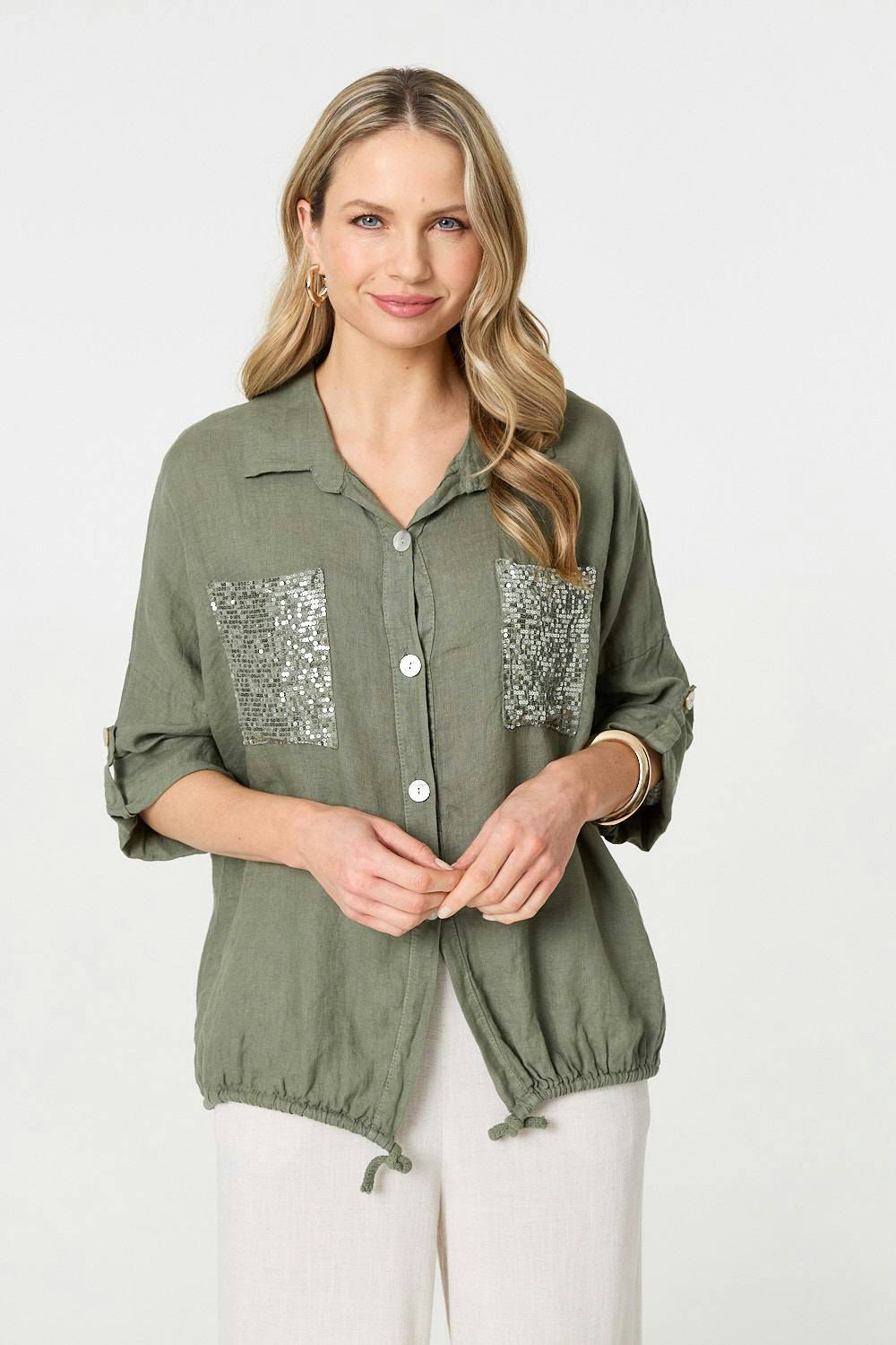 Izabel London Sequin Detail 3/4 Turn-Up Sleeve Shirt - Khaki - 8