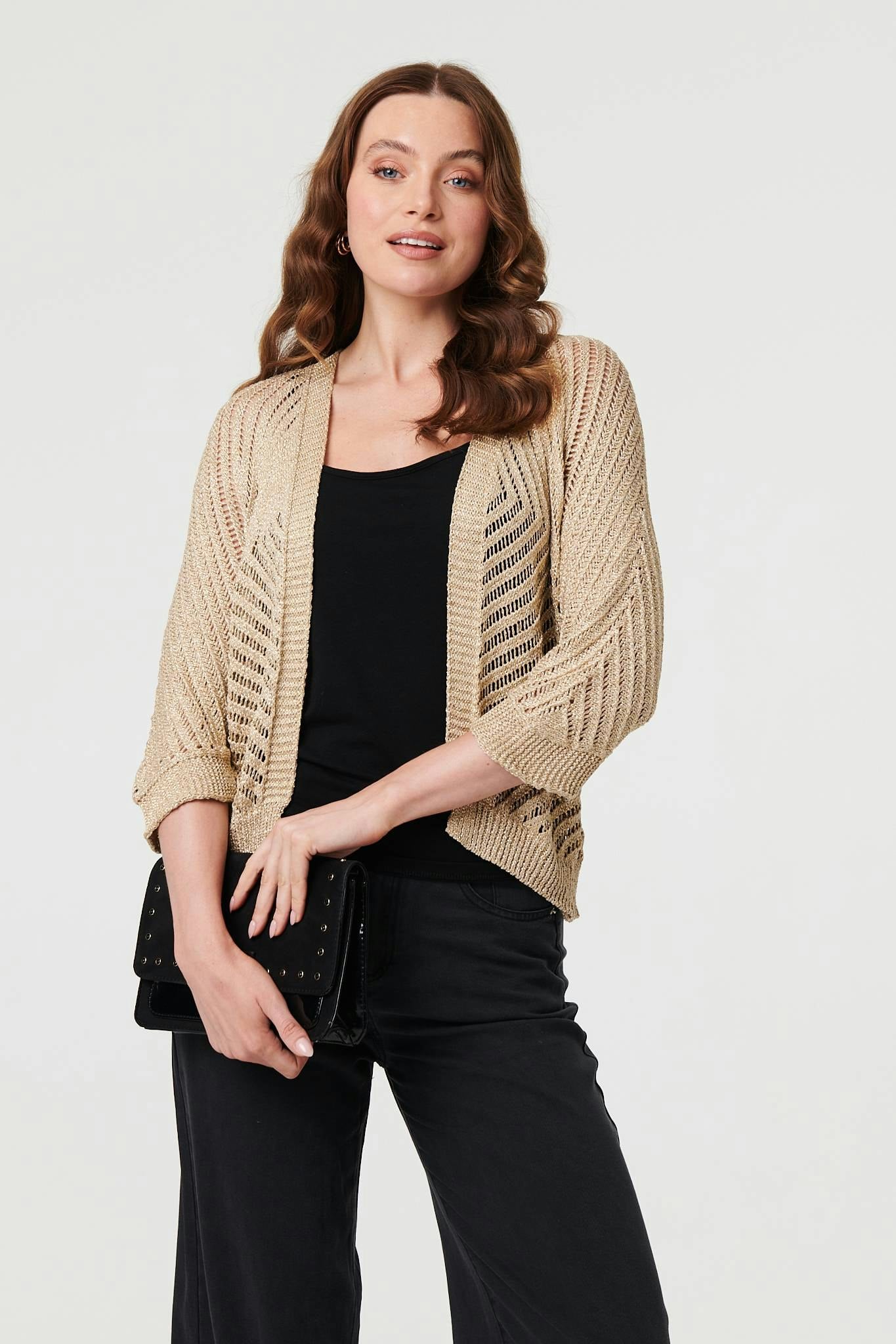 Izabel London White Chevron Texture Mesh 1/2 Sleeve Cardigan - S
