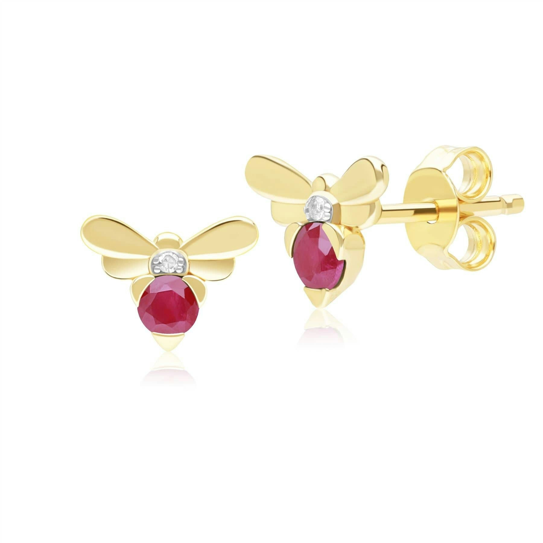 Gemondo Yellow/Gold Honeycomb Inspired Ruby And Diamond Bee Stud Earrings In 9Ct
