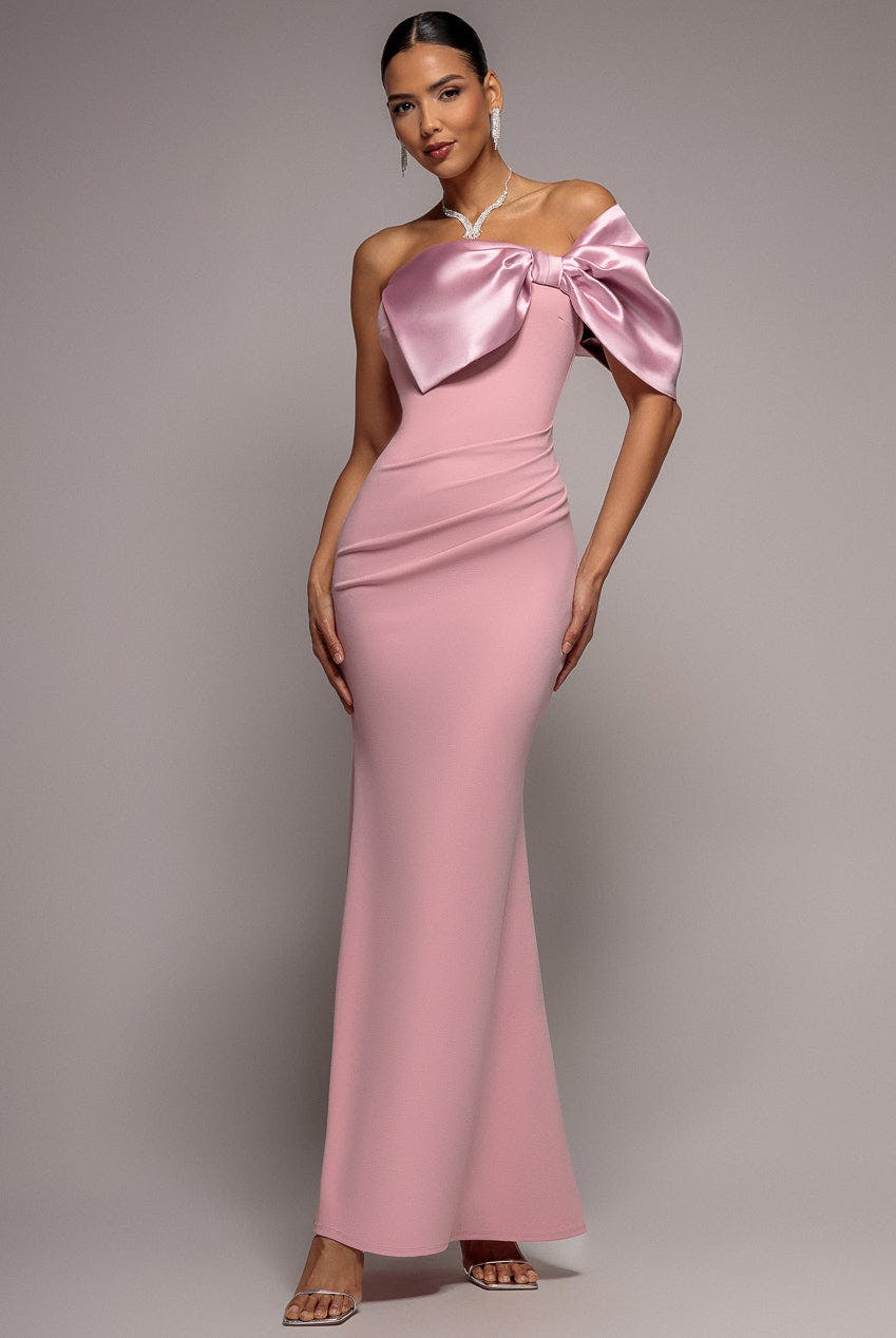 Goddiva Pink Off The Shoulder Satin Bow Neck Maxi Dress - Blush By - Blush - 16