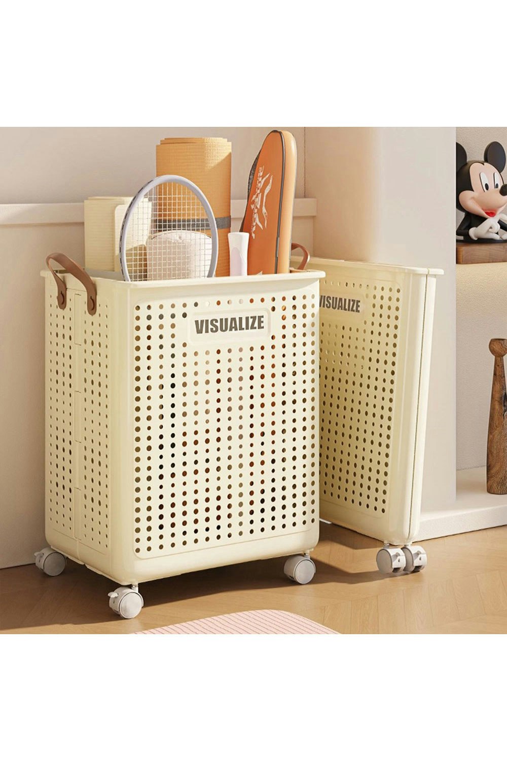 Living And Home Beige Foldable Laundry Basket With Wheels