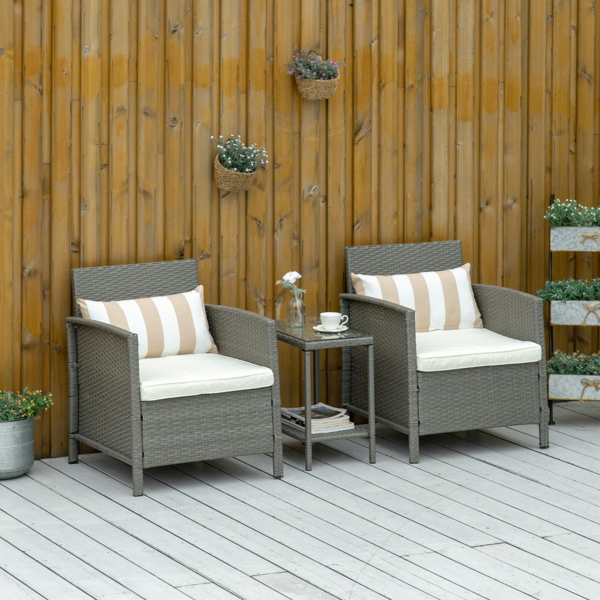 Outsunny 3-Piece Outdoor Rattan Sofa Set With Coffee Table, Light Grey Rattan & Beige Cushions (860-086) - Image 4