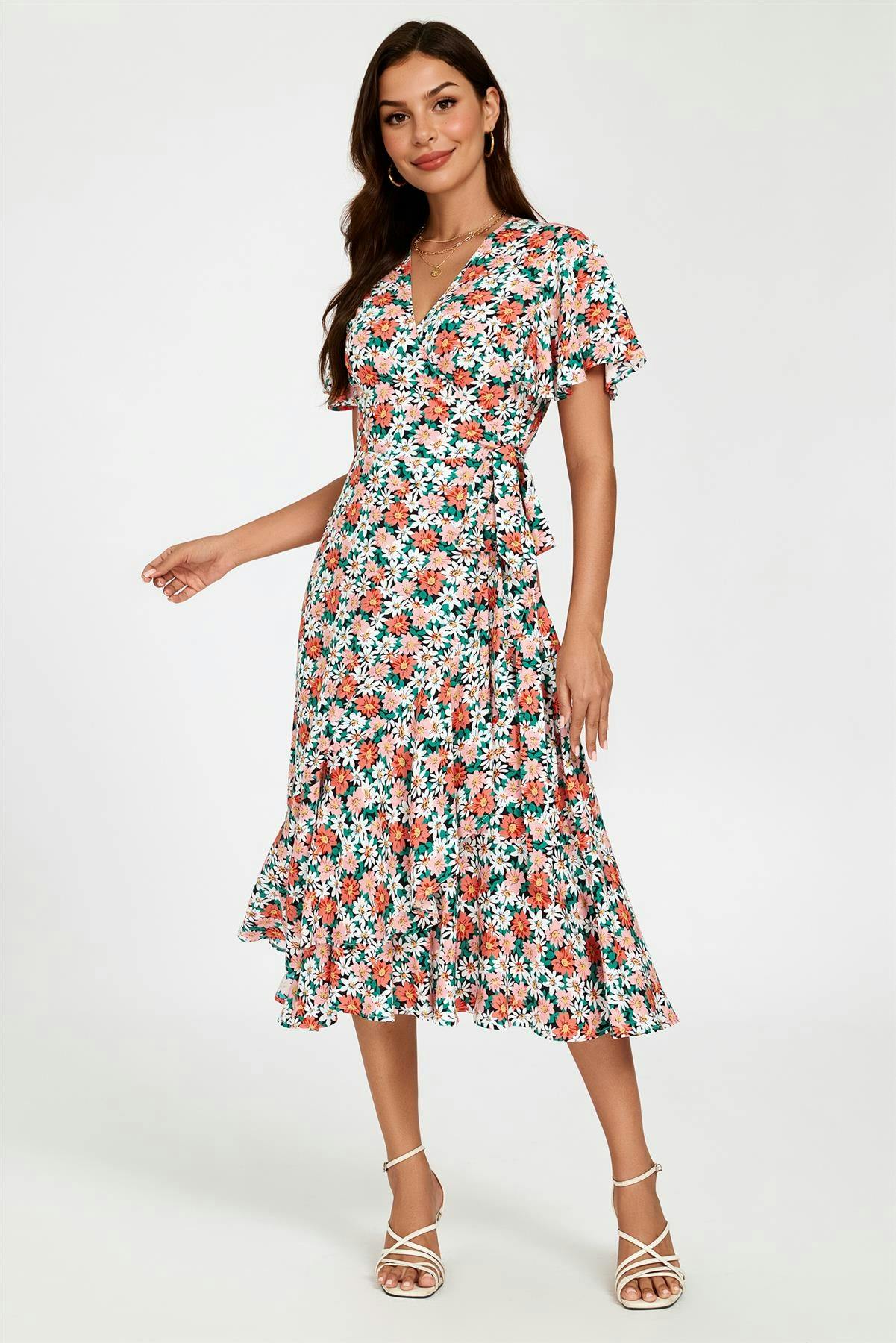 Fs Collection Pink Daisy Print Midi Wrap Dress In - Xs