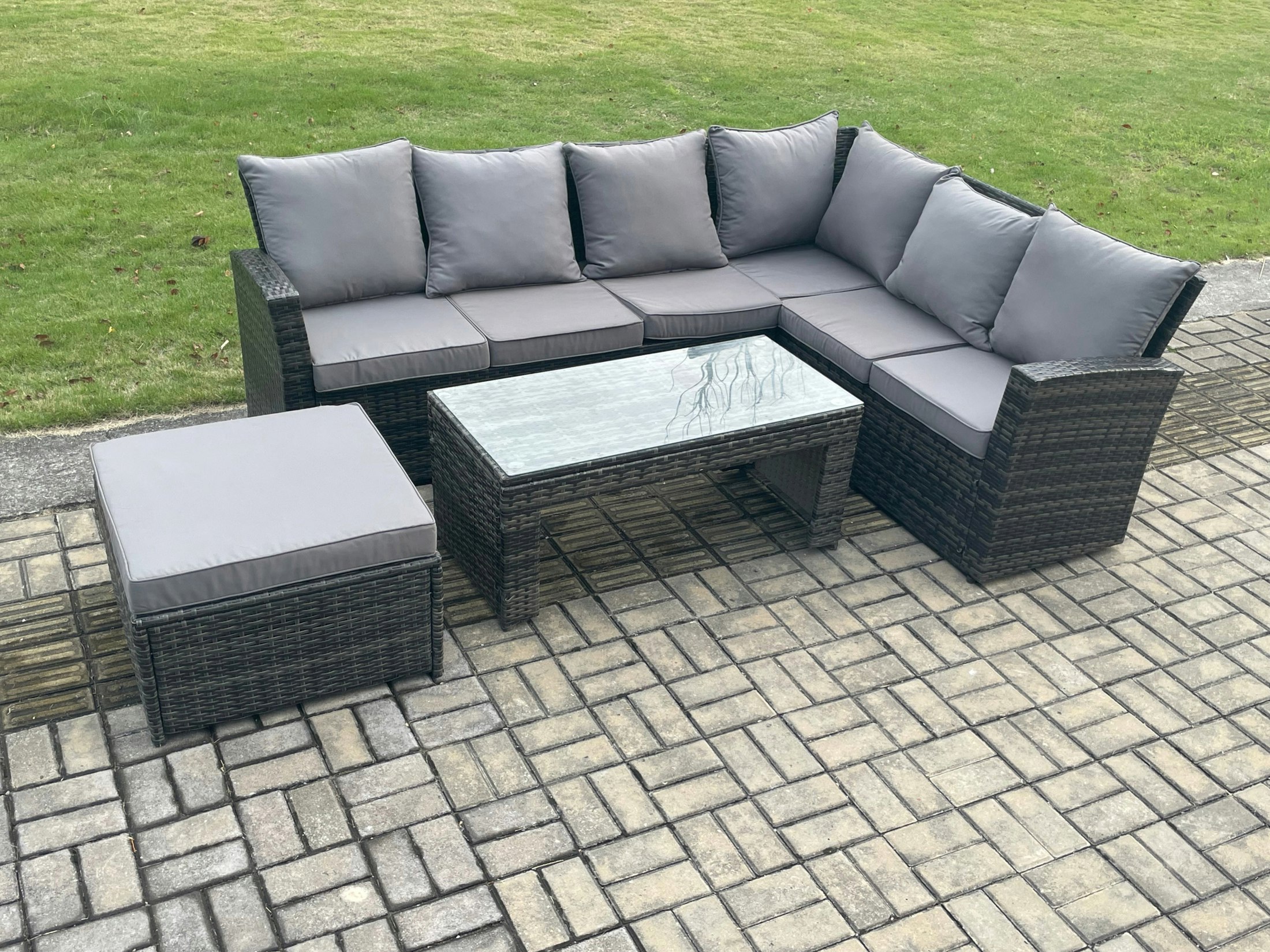 Rackhams Dark/Grey Rattan Corner Sofa Garden Furniture Set With Big Footstool Rectangular Coffee Table With Cushion Mixed
