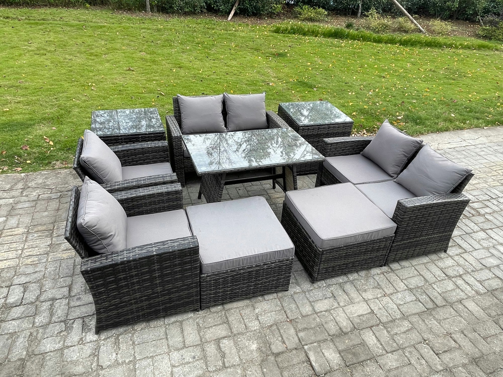 Fimous Dark/Grey 9 Piece Mixed Rattan Outdoor Sofa Set - 2 Big Footstools & 2 Side Tables