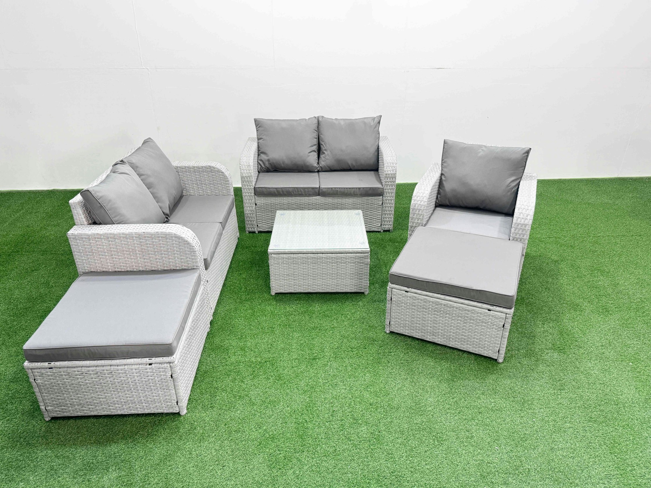 Rackhams Light/Grey High Back Rattan Garden Furniture Set With Reclining Chair Loveseat Sofa Square Coffee Table Indoor Outdoor Patio Set 2 Big Stool