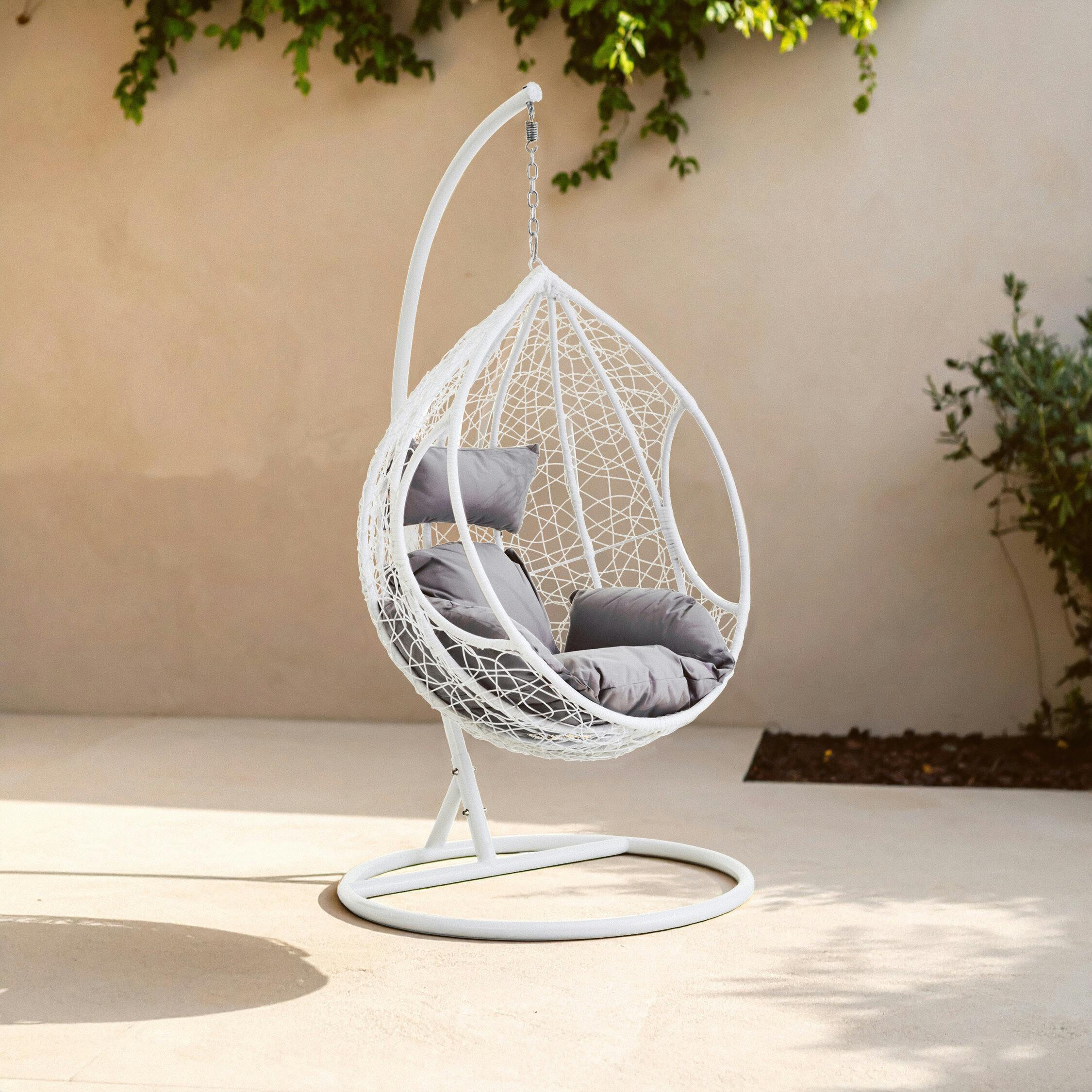 Interiors By Premier White/Grey Goa Rattan Effect Hanging Chair With Cushions