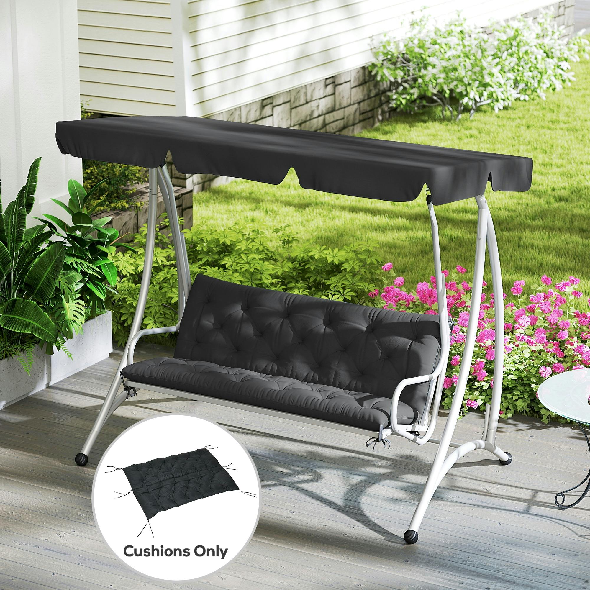 Rackhams Black 3 Seater Garden Bench Cushion Outdoor Seat Pad With Ties - 98L X 150W X 8D Cm