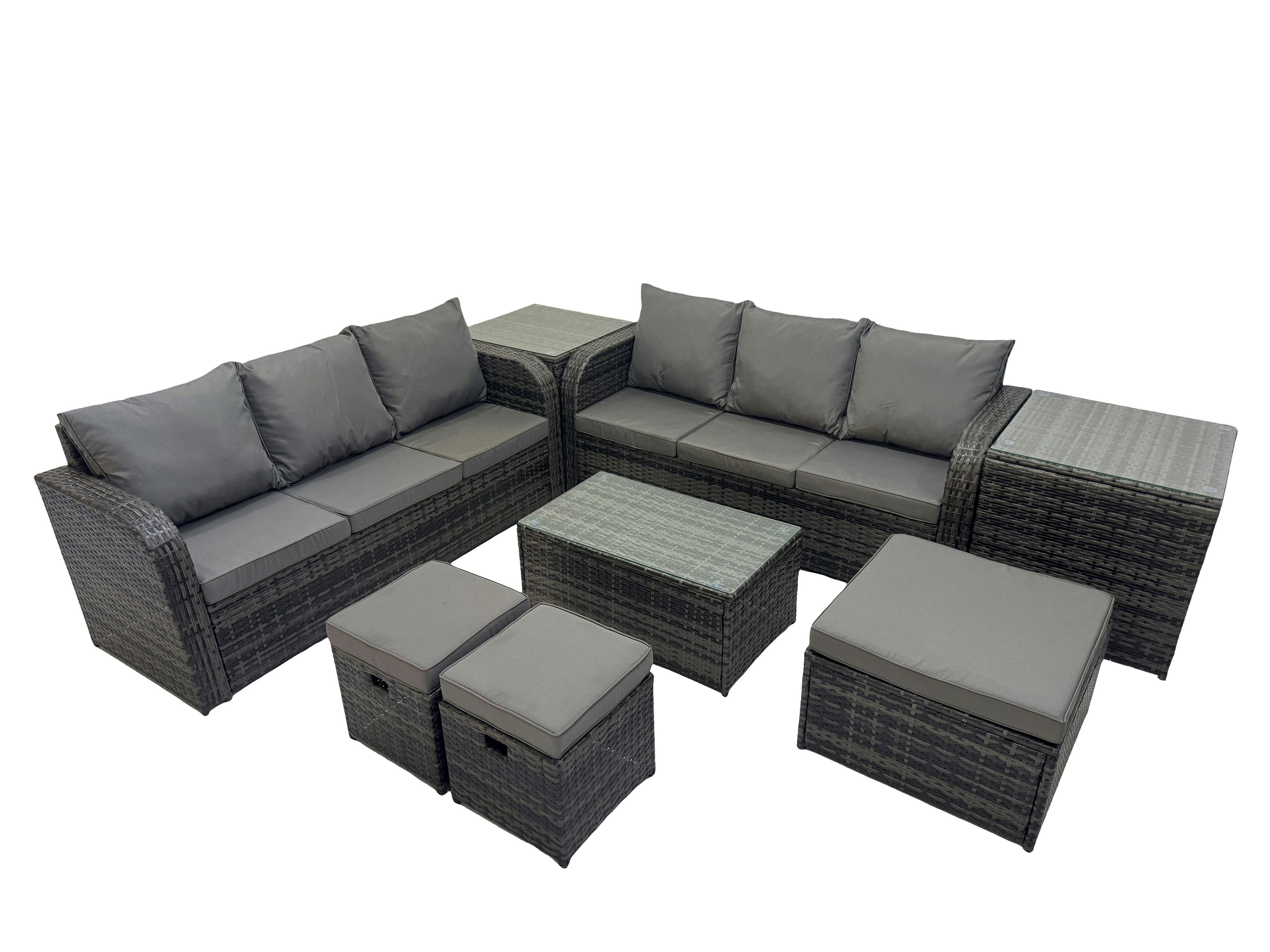 Fimous Dark/Grey Outdoor 3 Seater Sofa Coffee Table Set Garden Rattan Furniture Set 9 Seater With 3 Stool 2 Side Tables