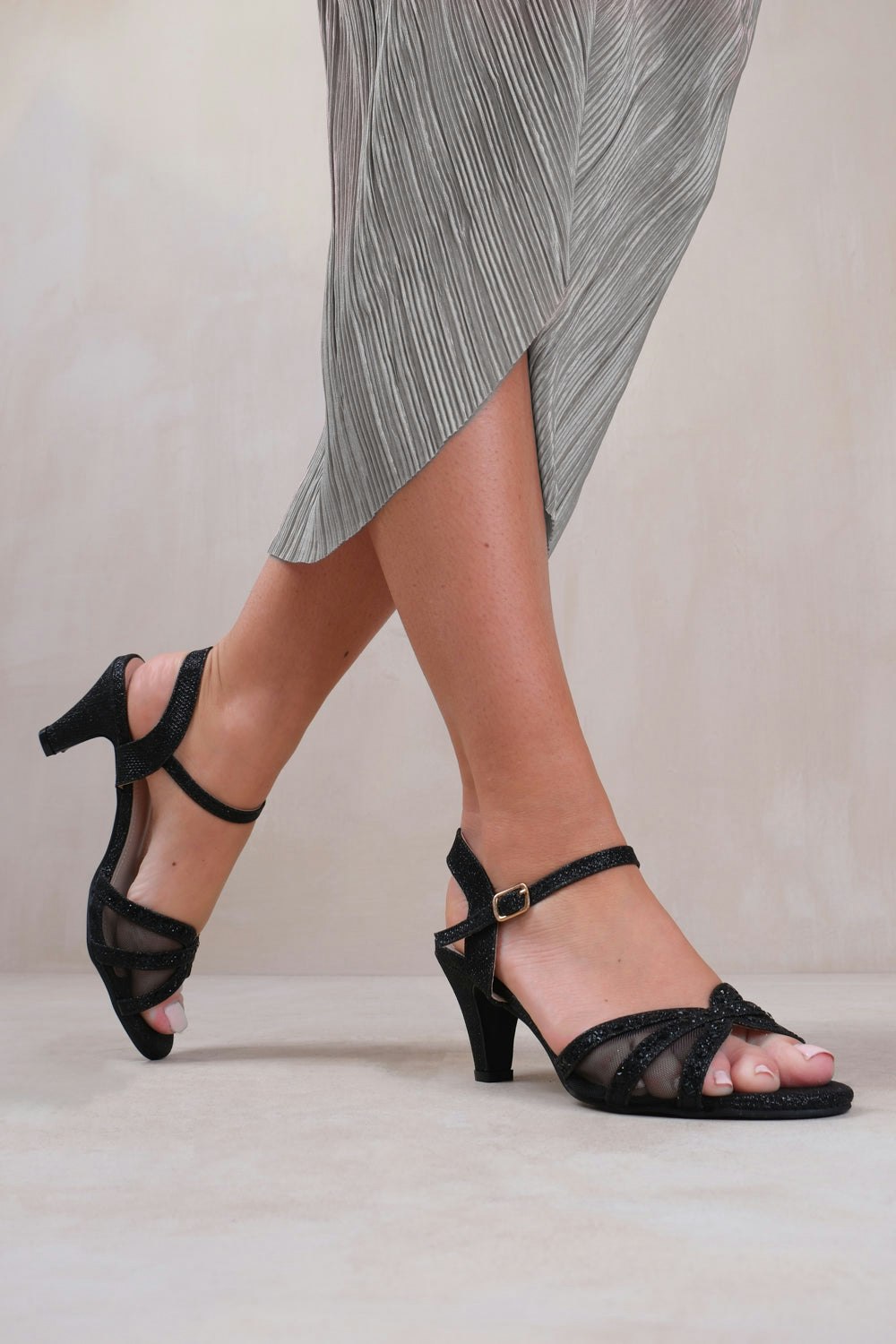 Where's That From Black Jillian Diamante Mesh Strappy Heel In Glitter - Size 8