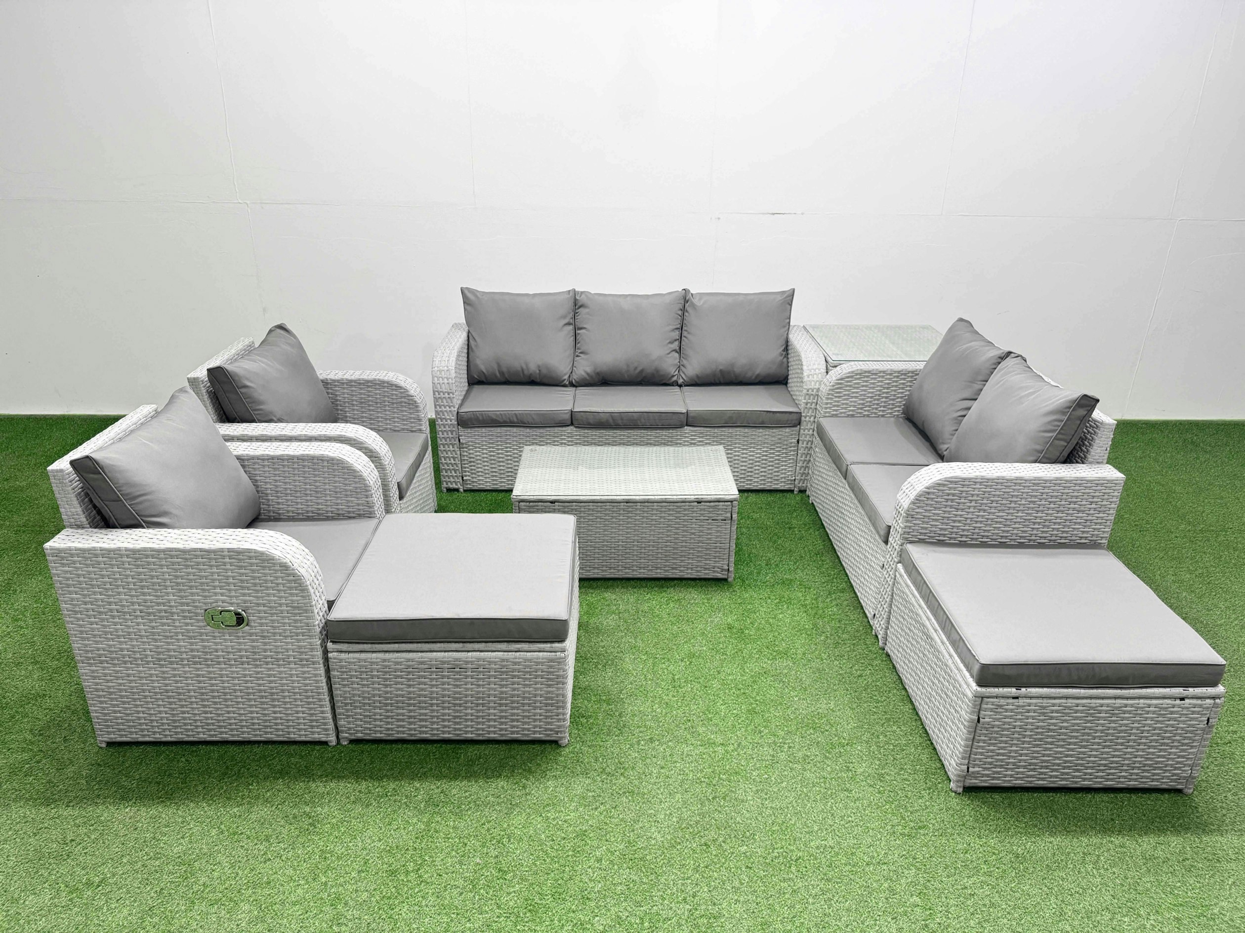 Fimous Light/Grey Pe Rattan Outdoor Lounge Set - Adjustable Chair, Double Loveseat, Oblong Coffee Table, 2 Big Footstools & Side Table