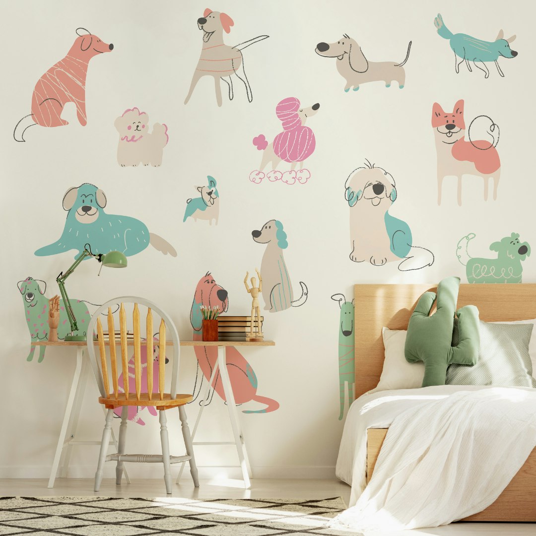 Origin Murals Pink Happy Dogs Wall Mural - Medium - W300cm X H240cm