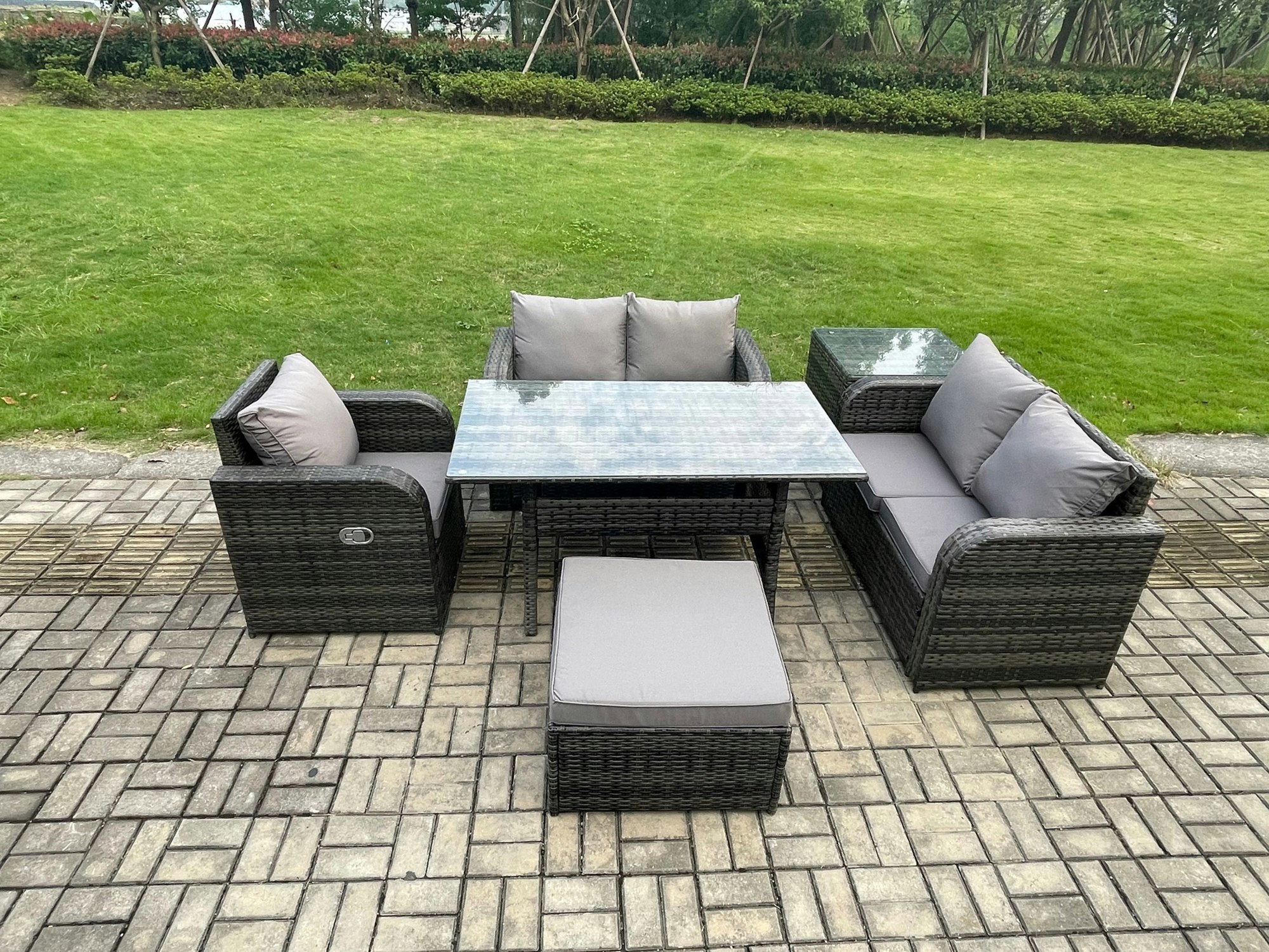 Fimous Dark/Grey Lounge Rattan Sofa Set Outdoor Garden Furniture Oblong Rectangular Dining Table With Chairs Big Footstool Side Table Mixed