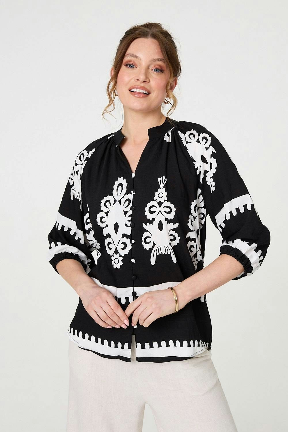 Izabel London Black Ikat Print 3/4 Sleeve Relaxed Blouse - 10