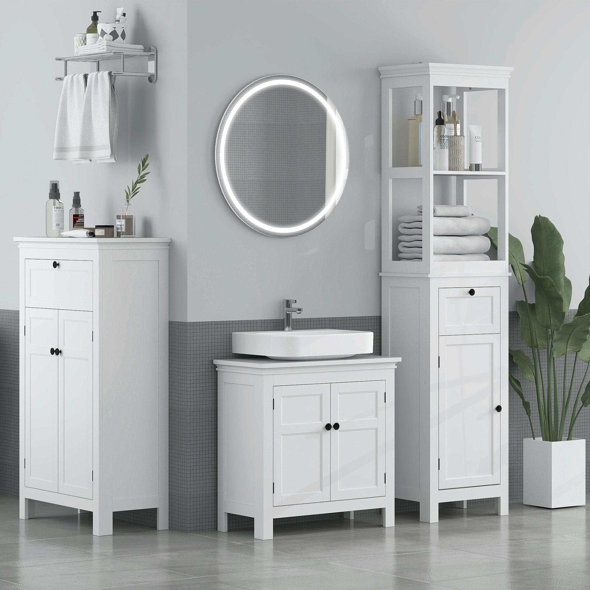 Rackhams White Slim Bathroom Storage Cabinet With Open Shelves And Drawer,