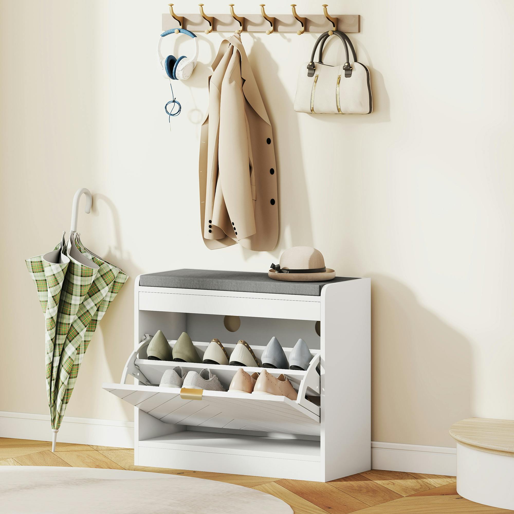 Rackhams White Shoe Bench With 1 Flip Drawer, Cushion, 5 Pairs For Entryway - Mdf, Polyester - 1 - Image 4