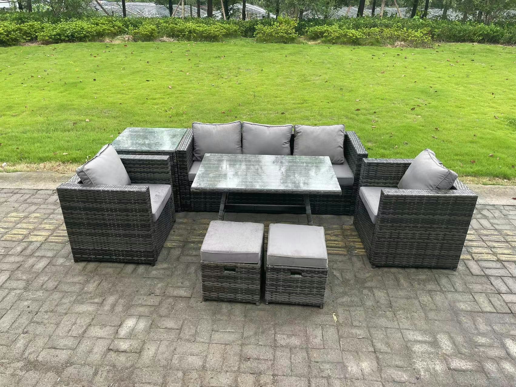 Rackhams Dark/Grey 7 Seater Rattan Outdoor Furniture Garden Dining Set With Lounge Sofa Dining Table 2 Armchairs Small Stools Mixed