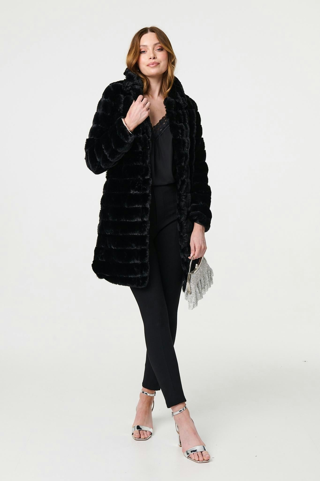 Izabel London Black Faux Fur Thigh Length Coat - 8