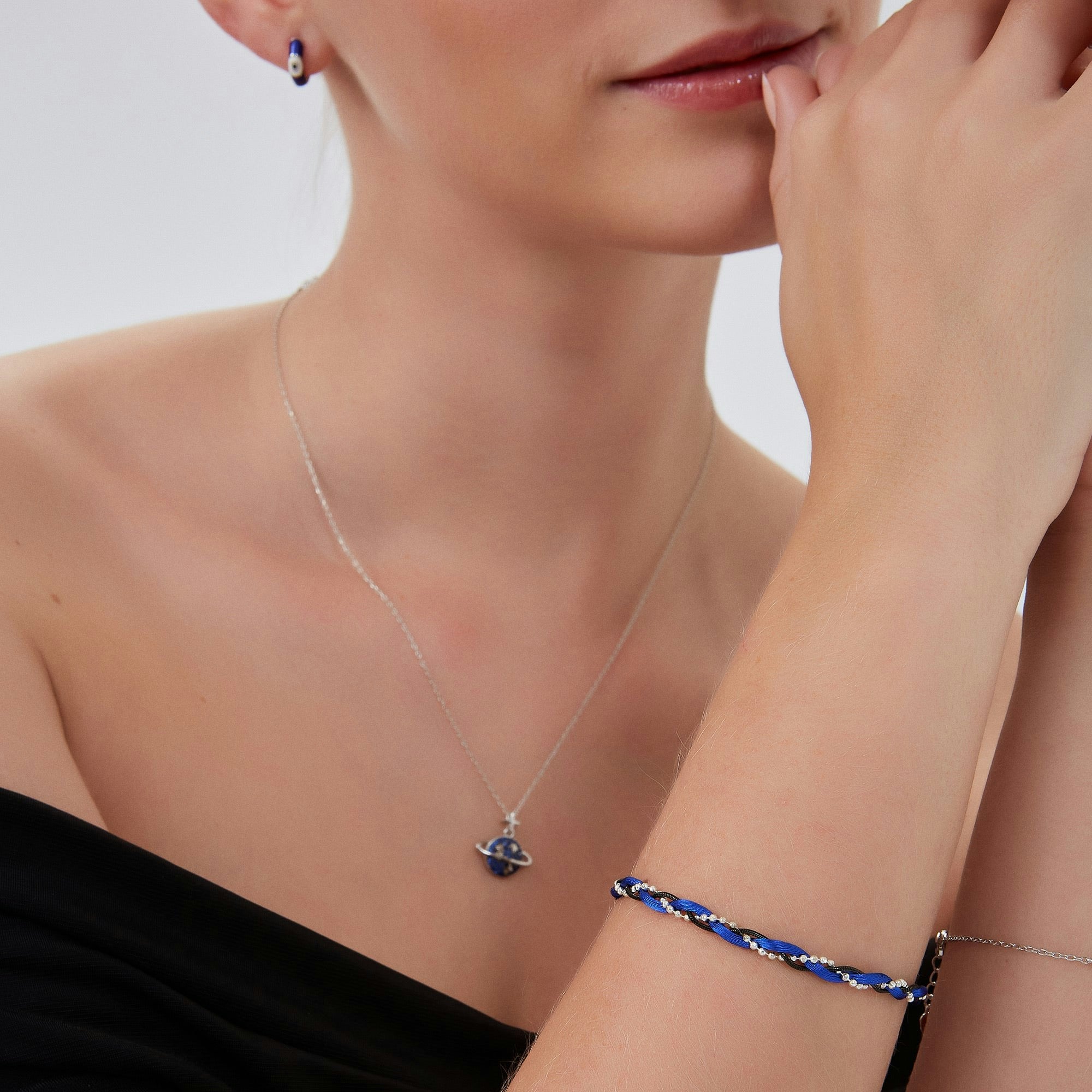 Spero London Blue/Silver Navy Braided Rope Sterling Beaded Chain Bracelet - Image 2