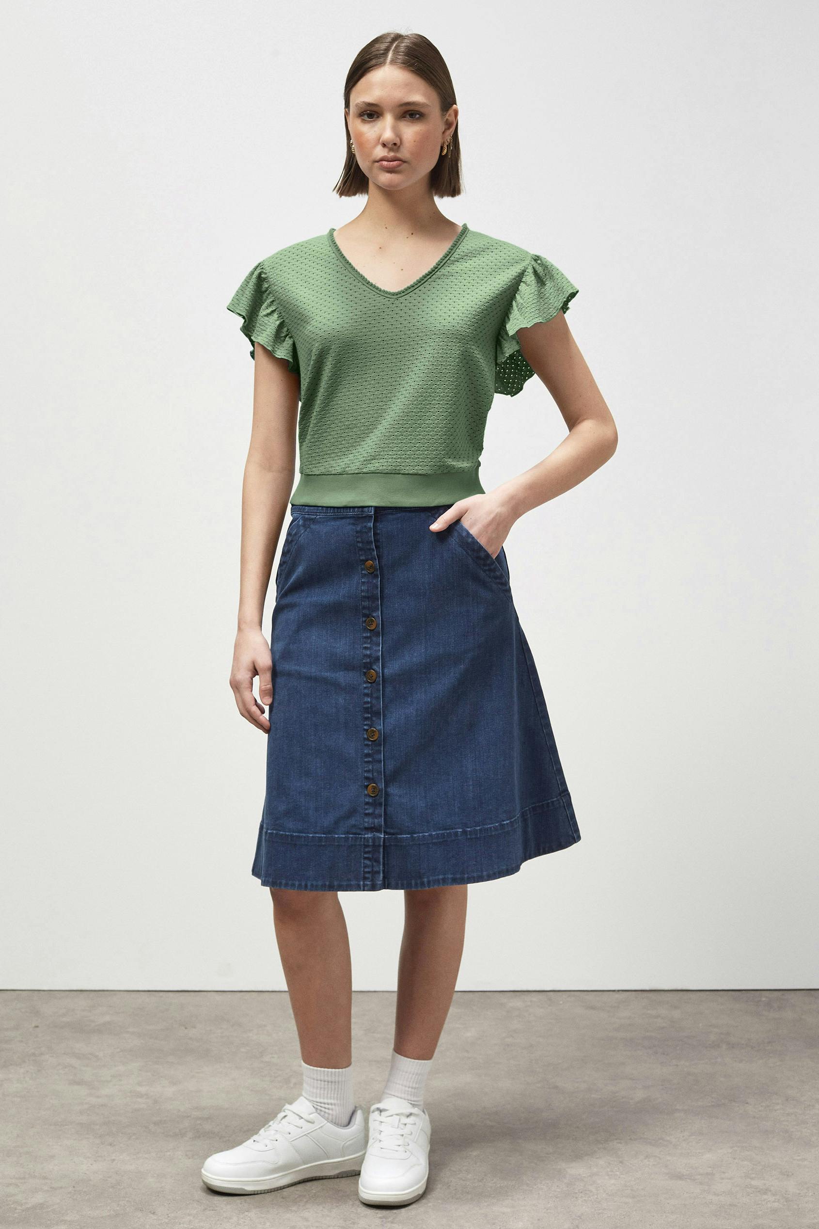 Enorsia Women's Green ’S Frill Sleeve T-Shirt - 12