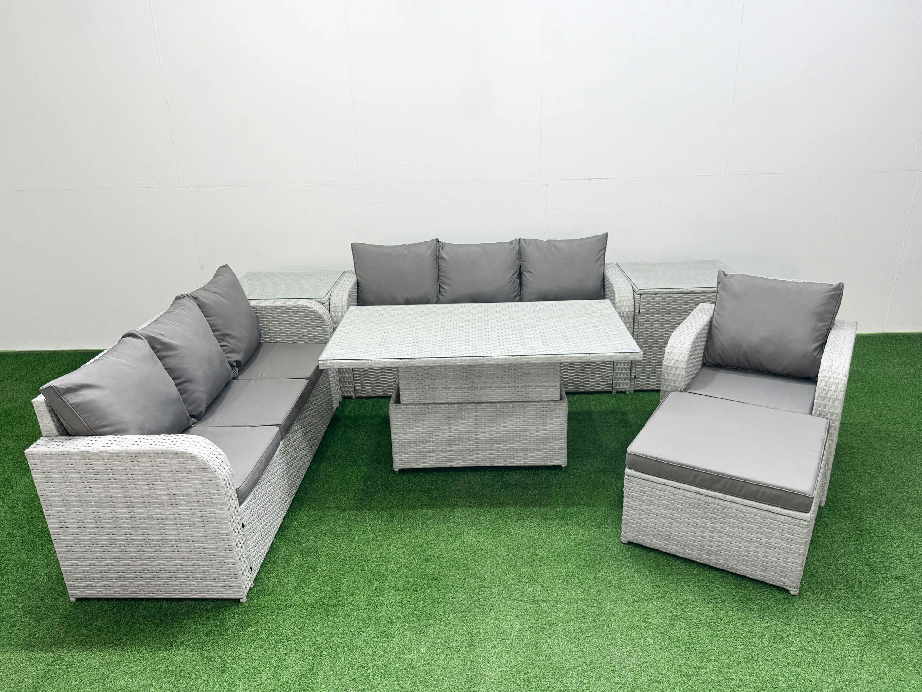 Fimous Light/Grey 8 Seater Rattan Garden Furniture Set With Adjustable Height Table, 2 Sofas, 1 Reclining Chair, 1 Footstool & 2 Side Tables