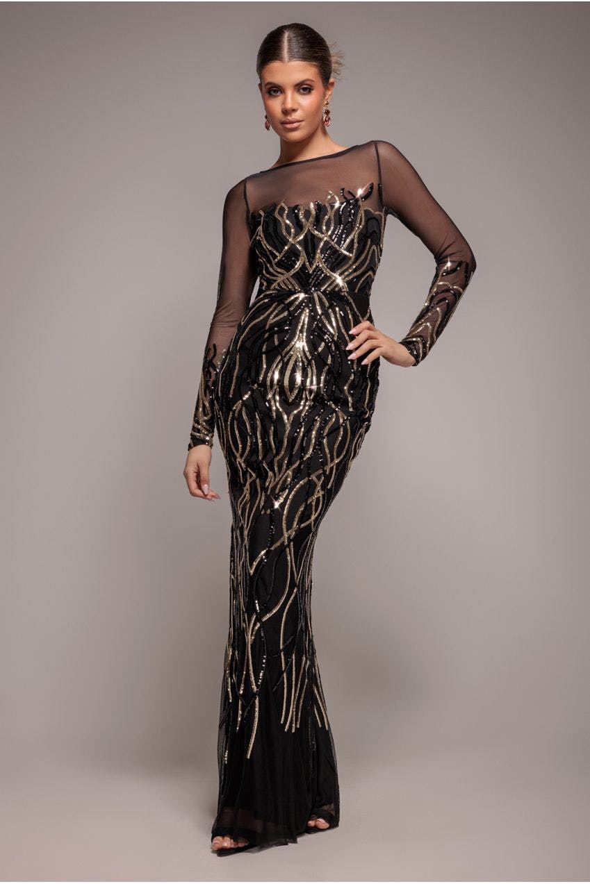 Goddiva Gold Long Sleeve Sequin Flame Maxi - By - 8