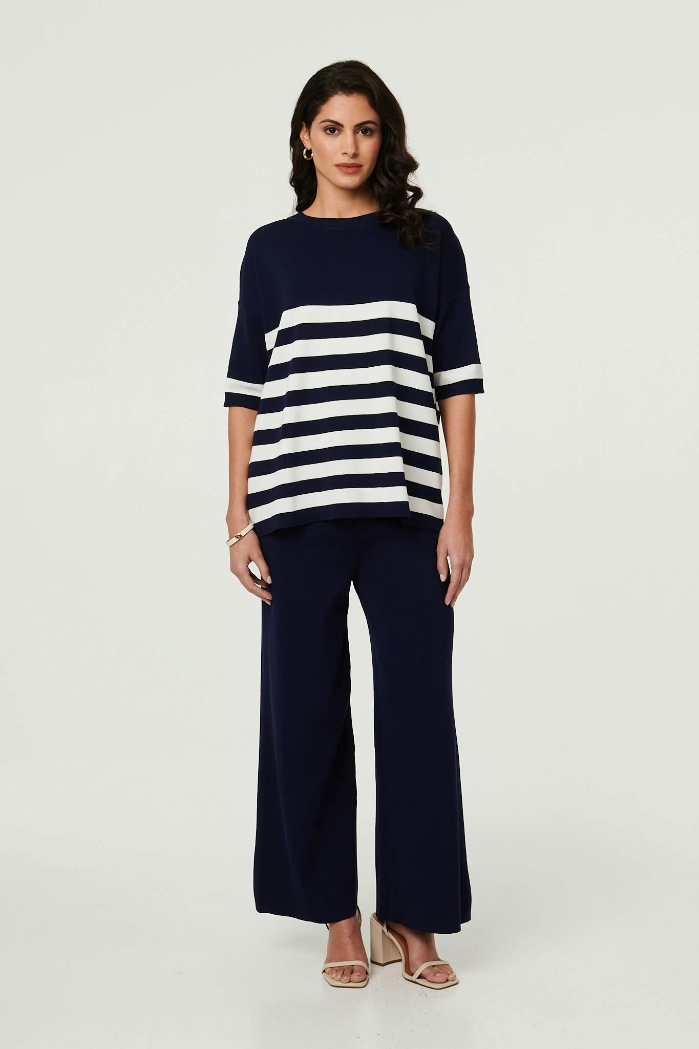Izabel London Knit Texture Relaxed Top & Trousers Set - Navy - M/L