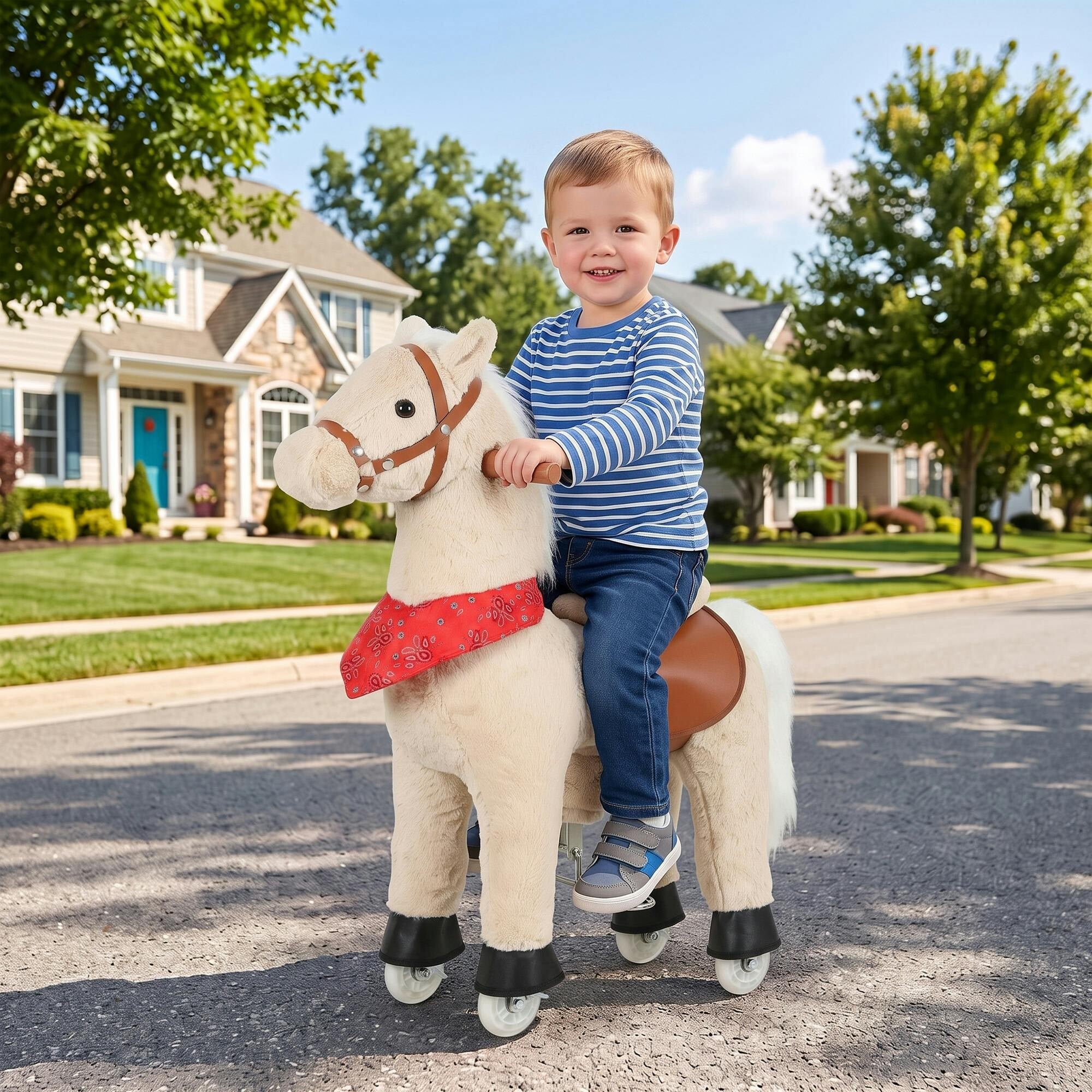 Aiyaplay Light/Brown Rocking Horse, Plush Ride On Horse W/ Rotatable Head,