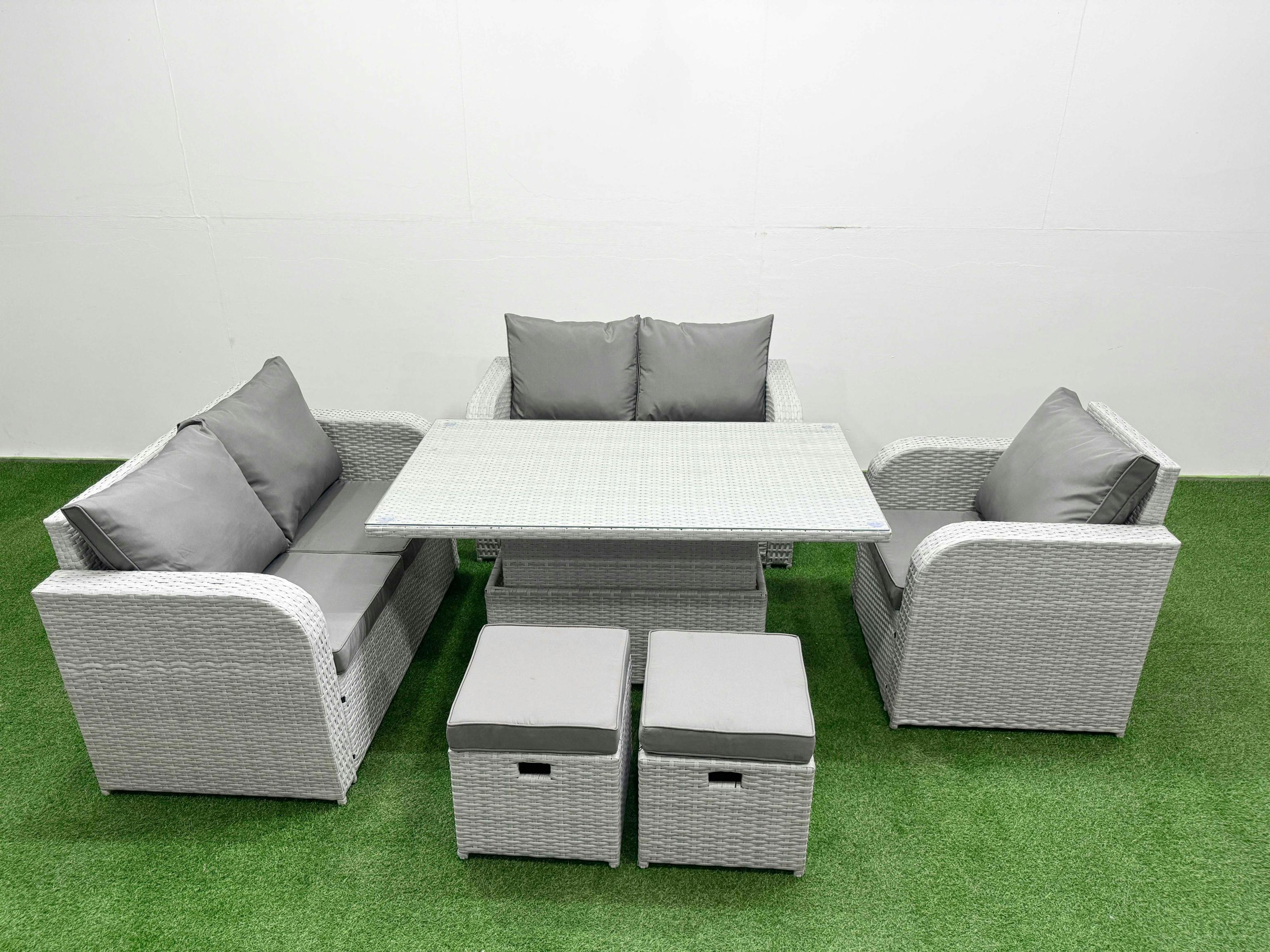 Rackhams Light/Grey High Back Poly Rattan Garden Furniture Set, Adj Height Table, Reclining Loveseat, Indoor Outdoor Patio And 2 Stools,