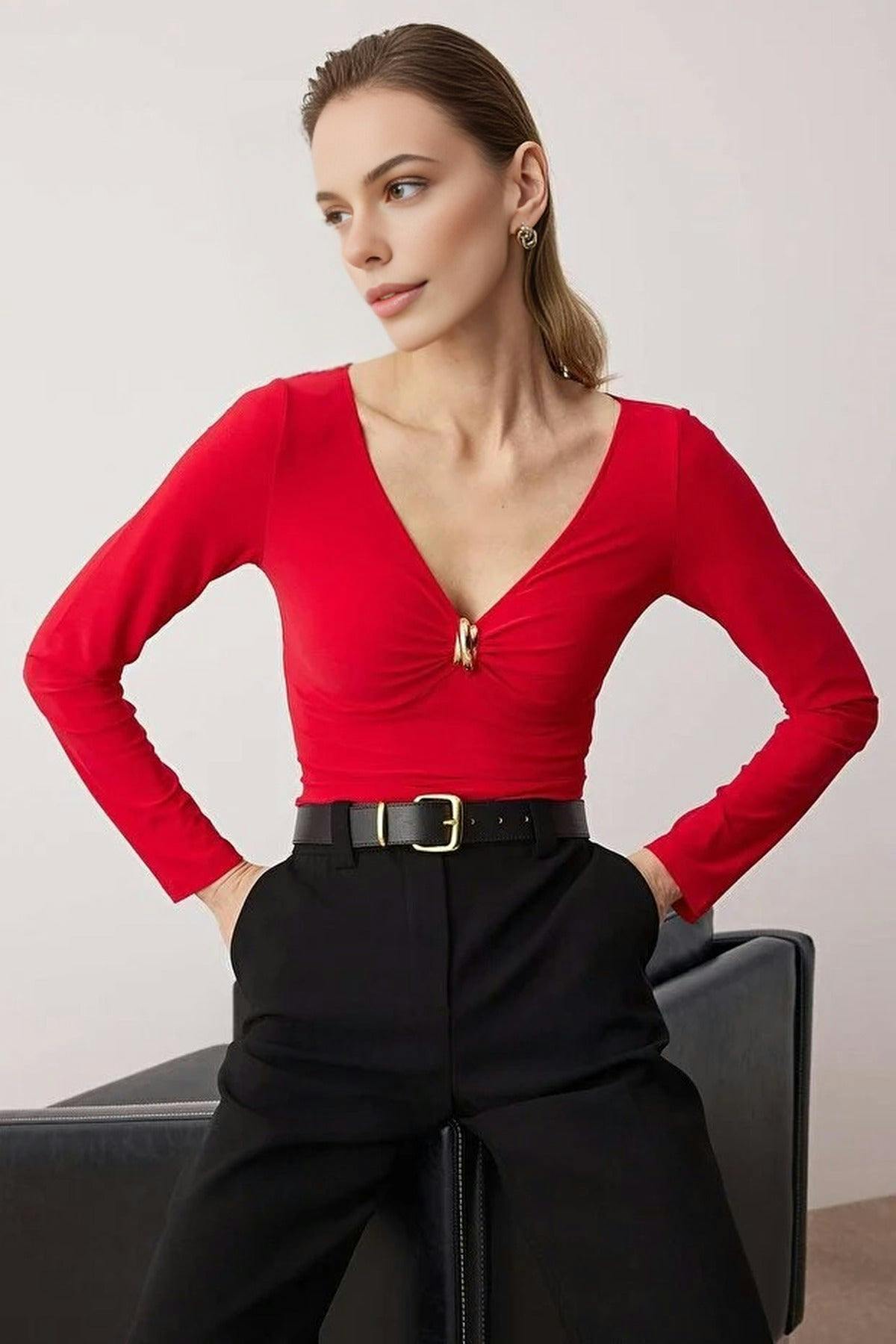 Wovcor Red V-Neck Knit Bodysuit With Accessory Detail - Xs