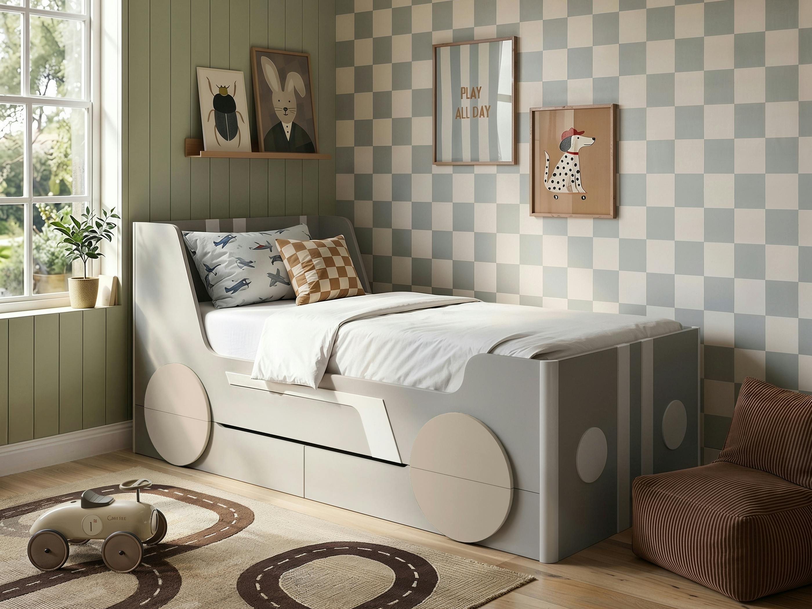 Flair Grey/Beige Cooper Single Car Bed With Drawers