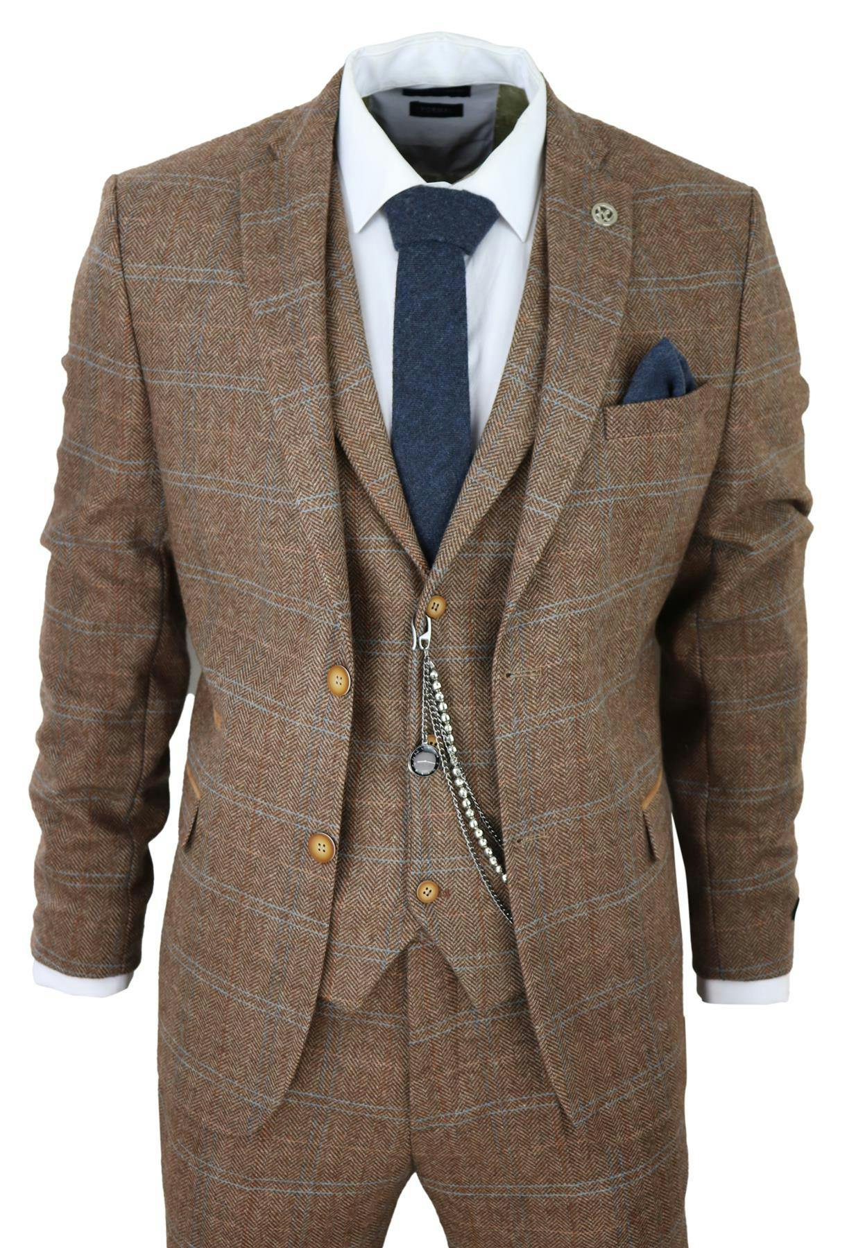 Truclothing Men's Brown 3 Piece Wool Suit Oak Tweed Herringbone Check Peaky Blinders Gatsby - Oak - 44" Jacket 38" Trousers