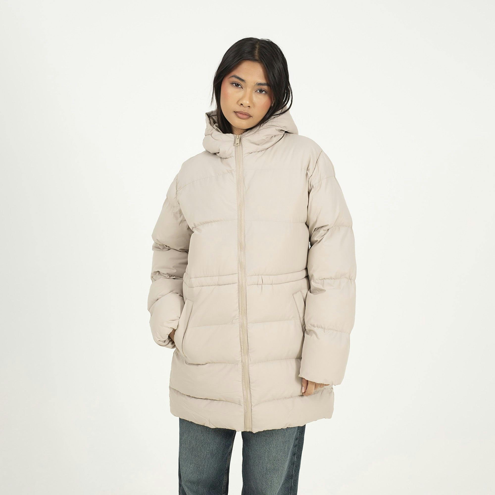 Brave Soul Hooded Padded Jacket With Drawcord Waist - Stone - Stone - 12