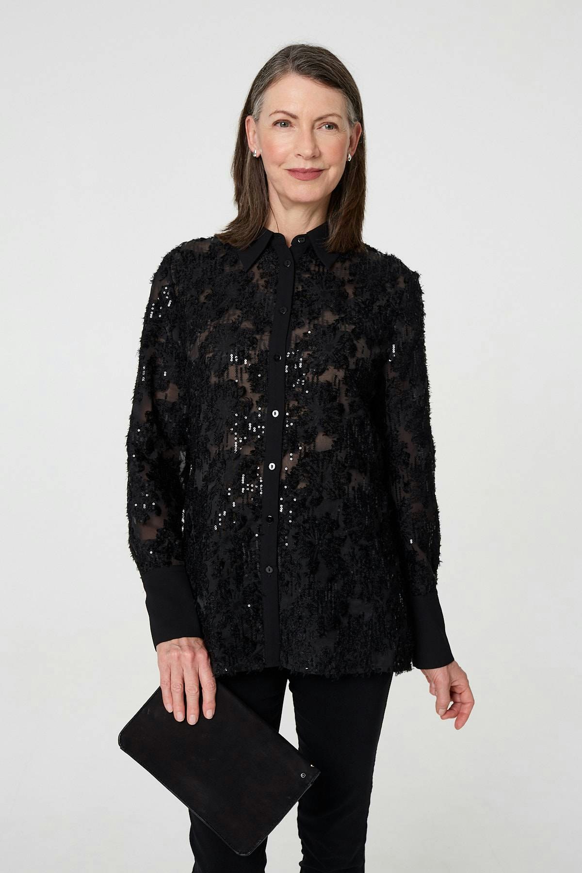 Izabel London Black Floral Sequin Lace Long Sleeve Shirt - 12