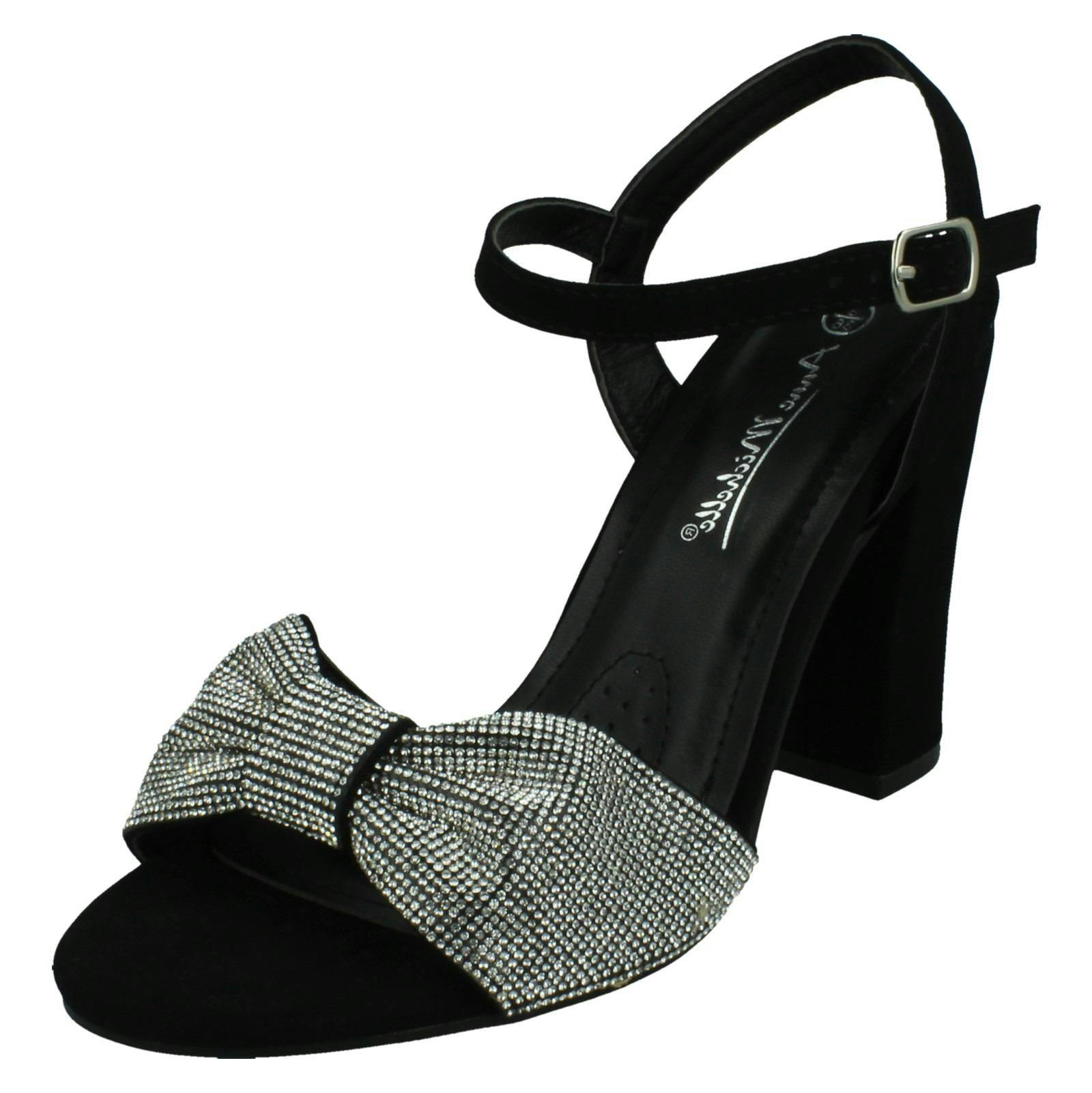 Spot On Women's Black Ankle Strap Diamante Chunky High Heels F12050 - Uk 5