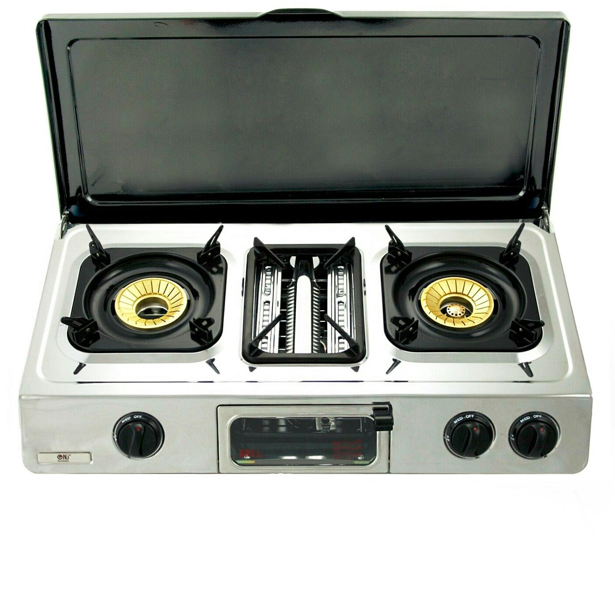 Nj G-87C Portable 3-Burner Outdoor Gas Stove With Grill, Oven & Lid