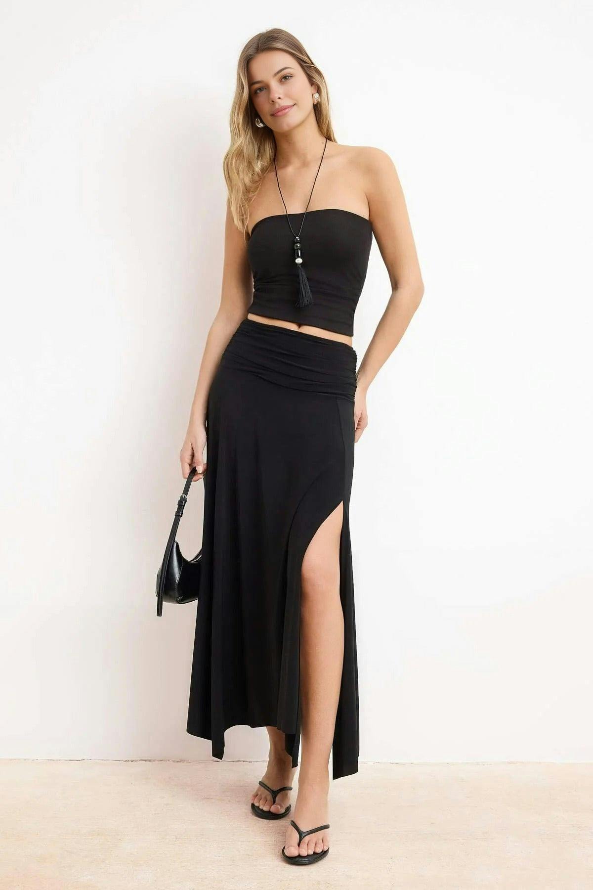 Wovcor Brown Waist Detail Slit Stretch Knit Maxi Skirt - Xs